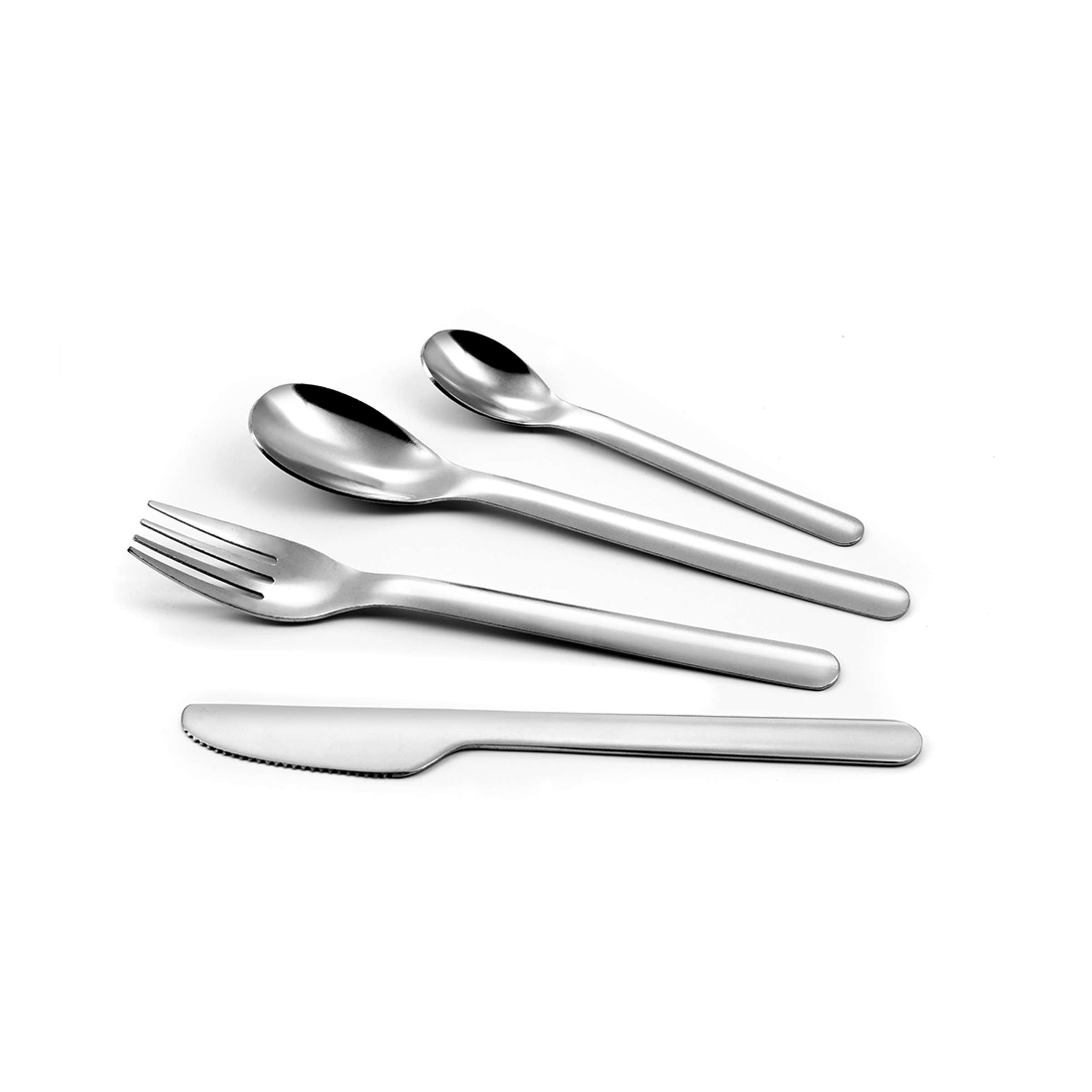 MOBIL' Besteckset 4-teilig von Amefa, Edelstahl Besteck mit Messer, Gabel, Löffel und Teelöffel, auf weißem Hintergrund.