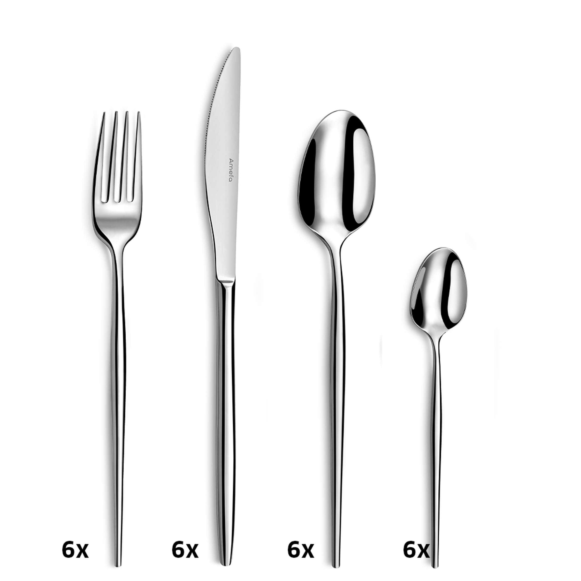 Amefa SOPRANO Besteckset 24-teilig mit Messer, Gabel, Löffel aus Edelstahl auf weißem Hintergrund