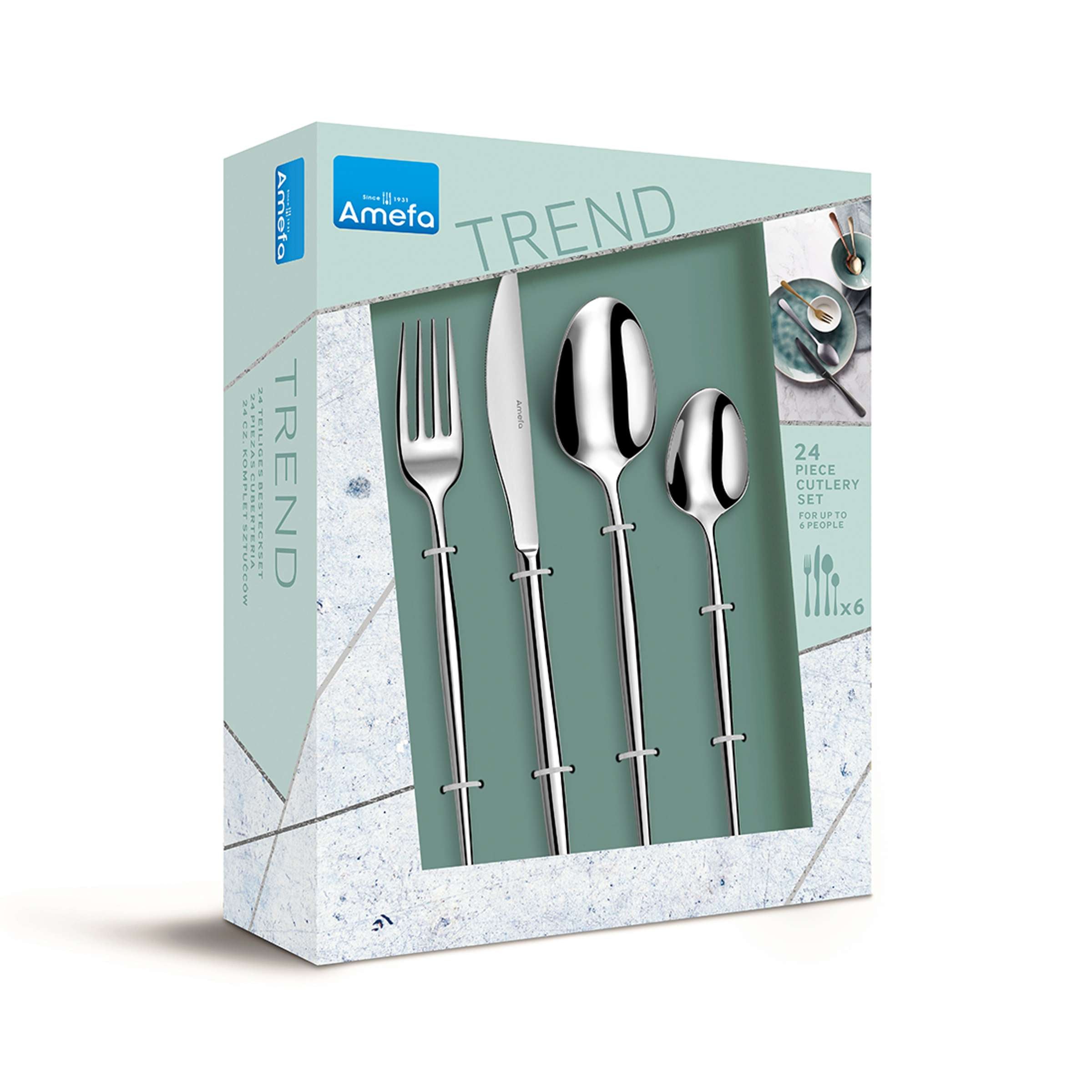 Amefa SOPRANO Besteckset 24-teilig mit Messer, Gabel, Löffel aus Edelstahl für den Tischgebrauch, elegant und hochwertig.