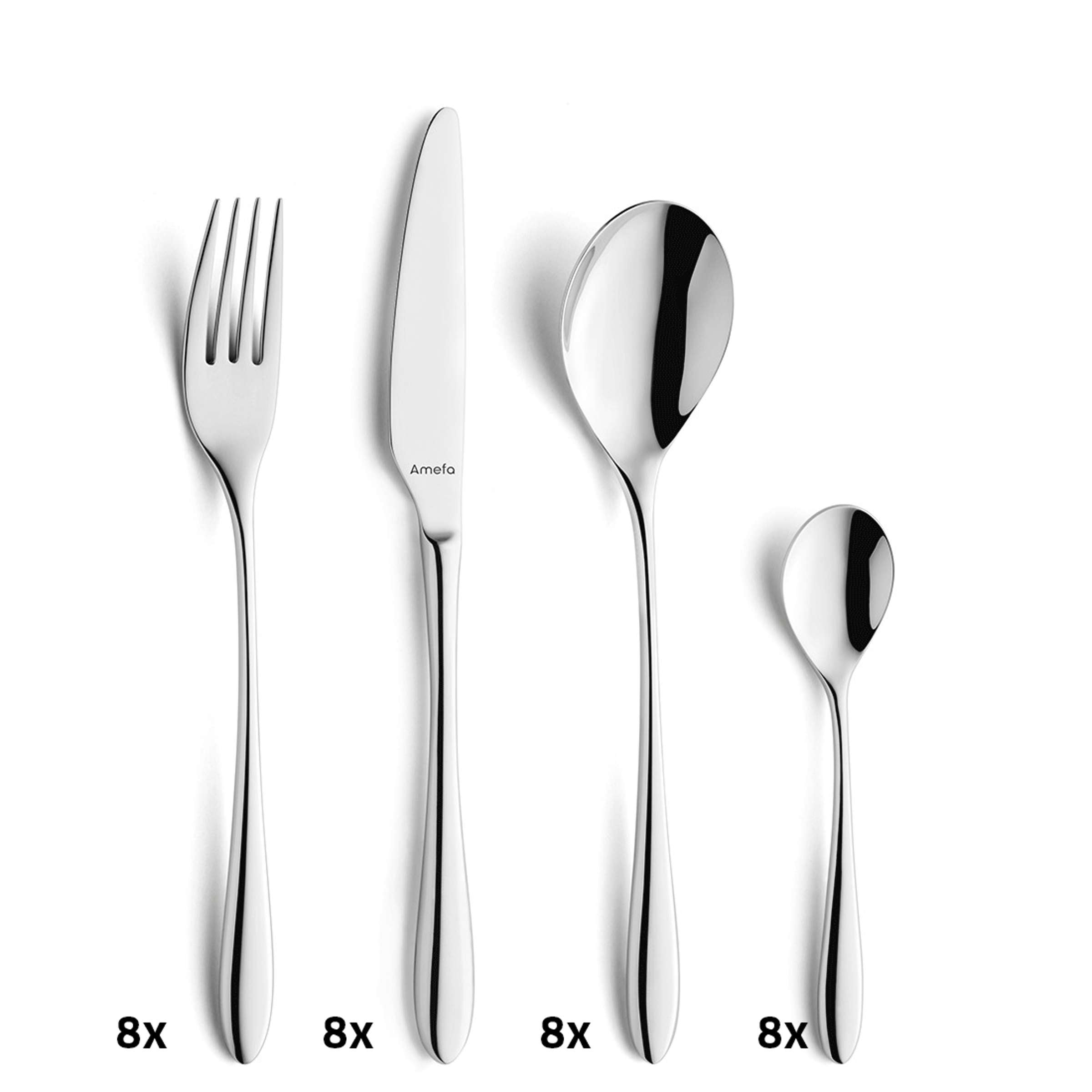 32-teiliger Amefa CUBA Besteckset mit Messer, Gabel, Löffel und Teelöffel aus Edelstahl, elegant und langlebig