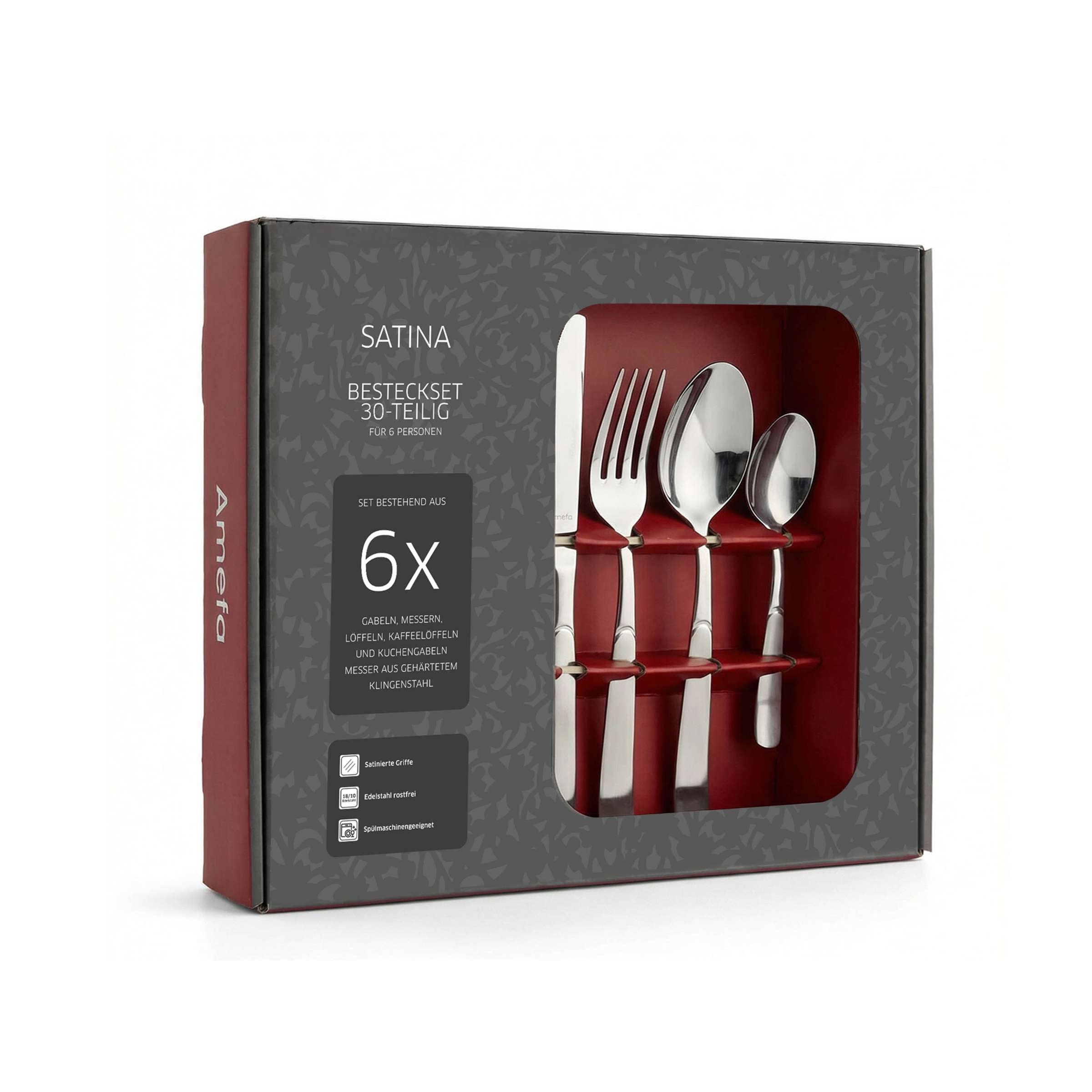 Amefa SATINA Besteckset 30-teilig, mattierte Edelstahl-Geschirr mit Messer, Gabel, Löffel auf Verpackung, elegantes Design