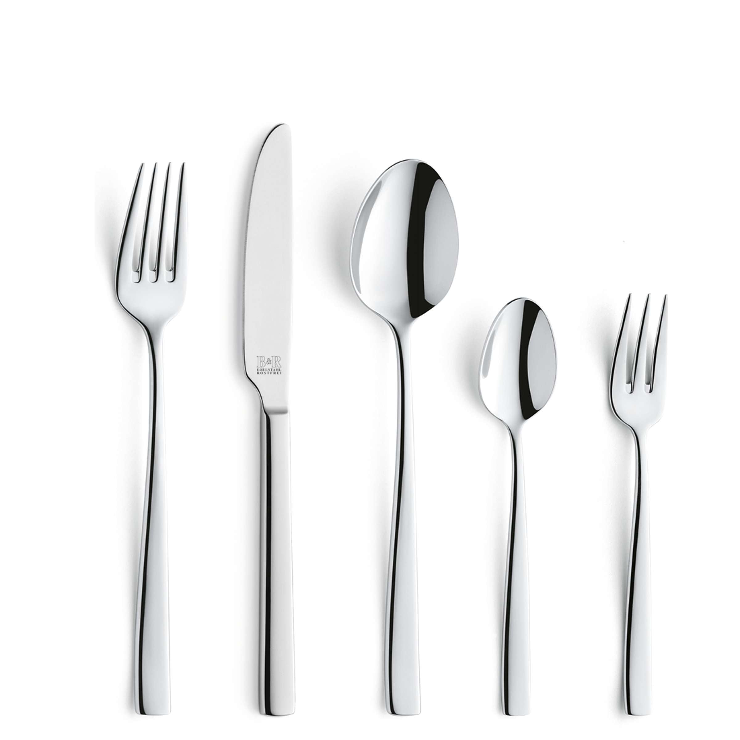 Leo Besteckset 60-teilig von Beckmann & Rommerskirchen, vollständiges Cutlery Set mit Messer, Gabel, Löffel aus Edelstahl auf weißem Hintergrund