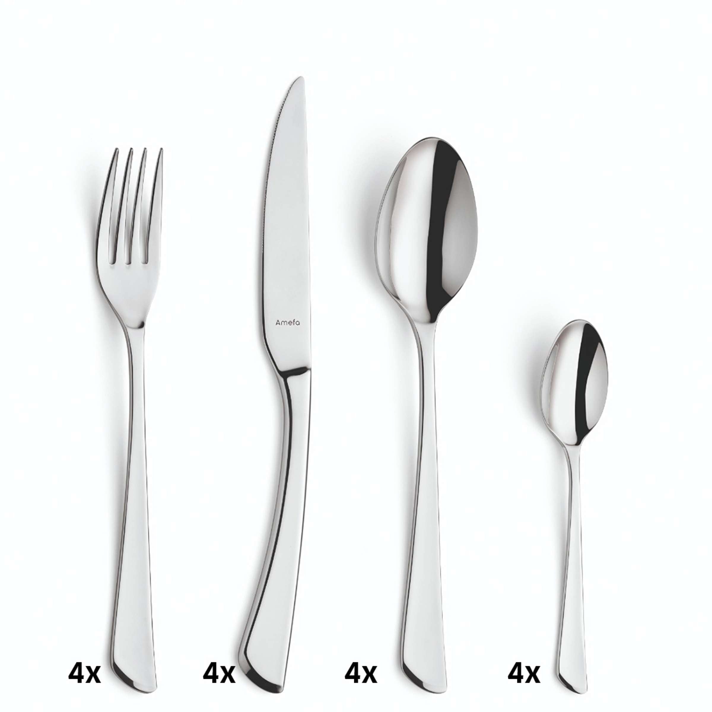 Amefa JUNO Besteckset 16-teilig mit Messer, Gabel, Löffel aus Edelstahl, elegant und modern gestaltet auf weißem Hintergrund