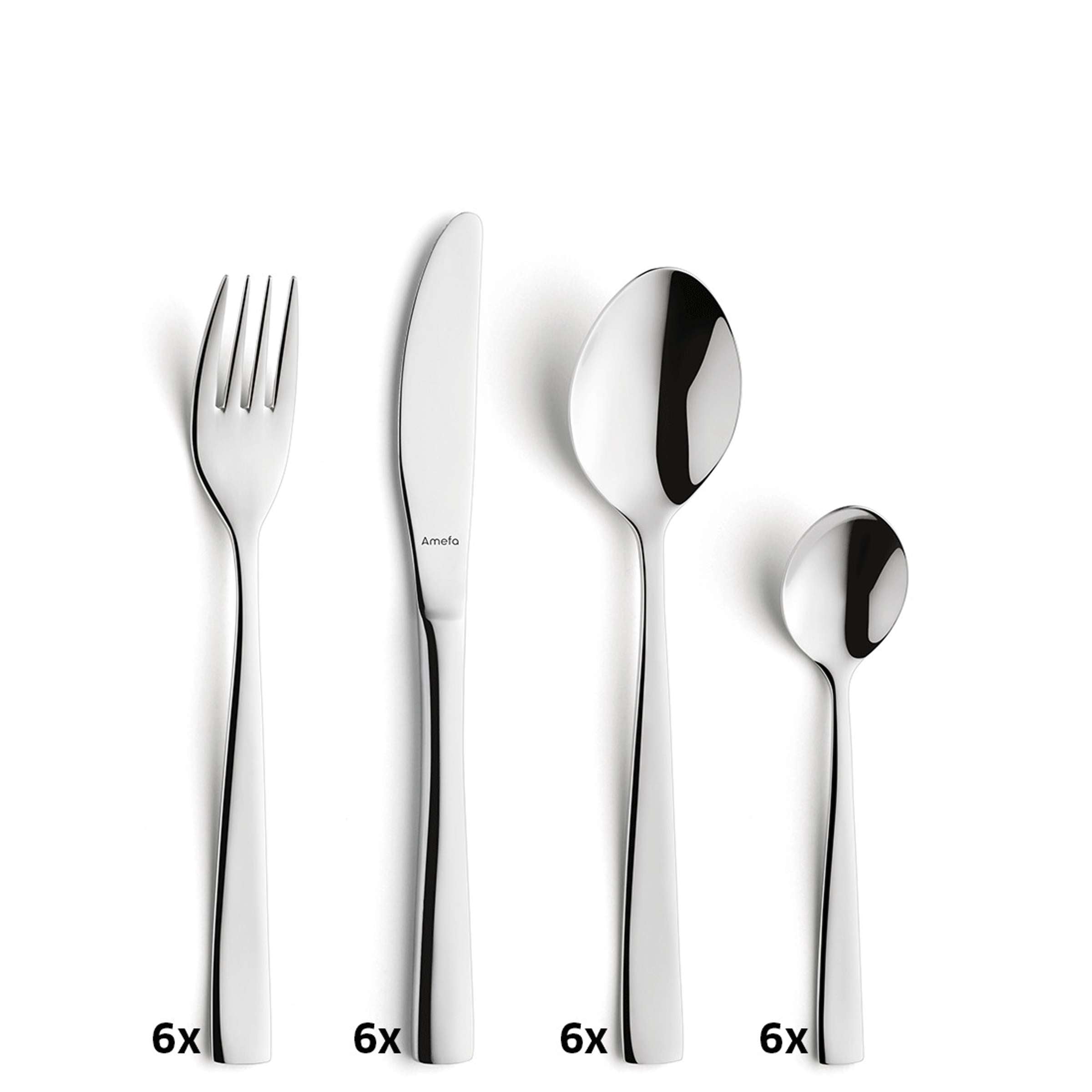 Amefa ATOS Besteckset 24-teilig mit Messer, Gabel, Löffel aus Edelstahl auf weißem Hintergrund