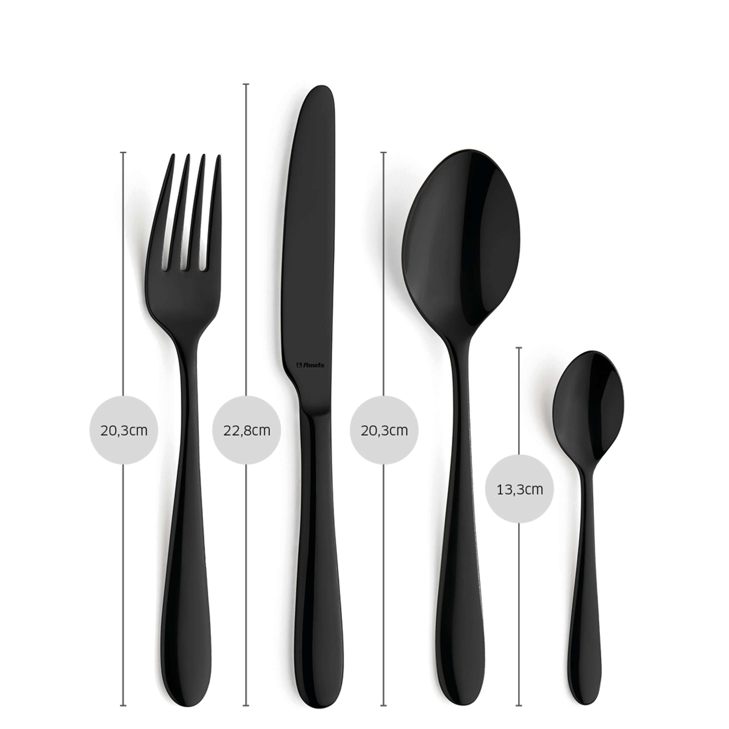 Schwarzes 24-teiliges Amefa OXFORD Besteckset aus Edelstahl mit PVD-Beschichtung, Messer, Gabeln, Löffel auf weißem Hintergrund