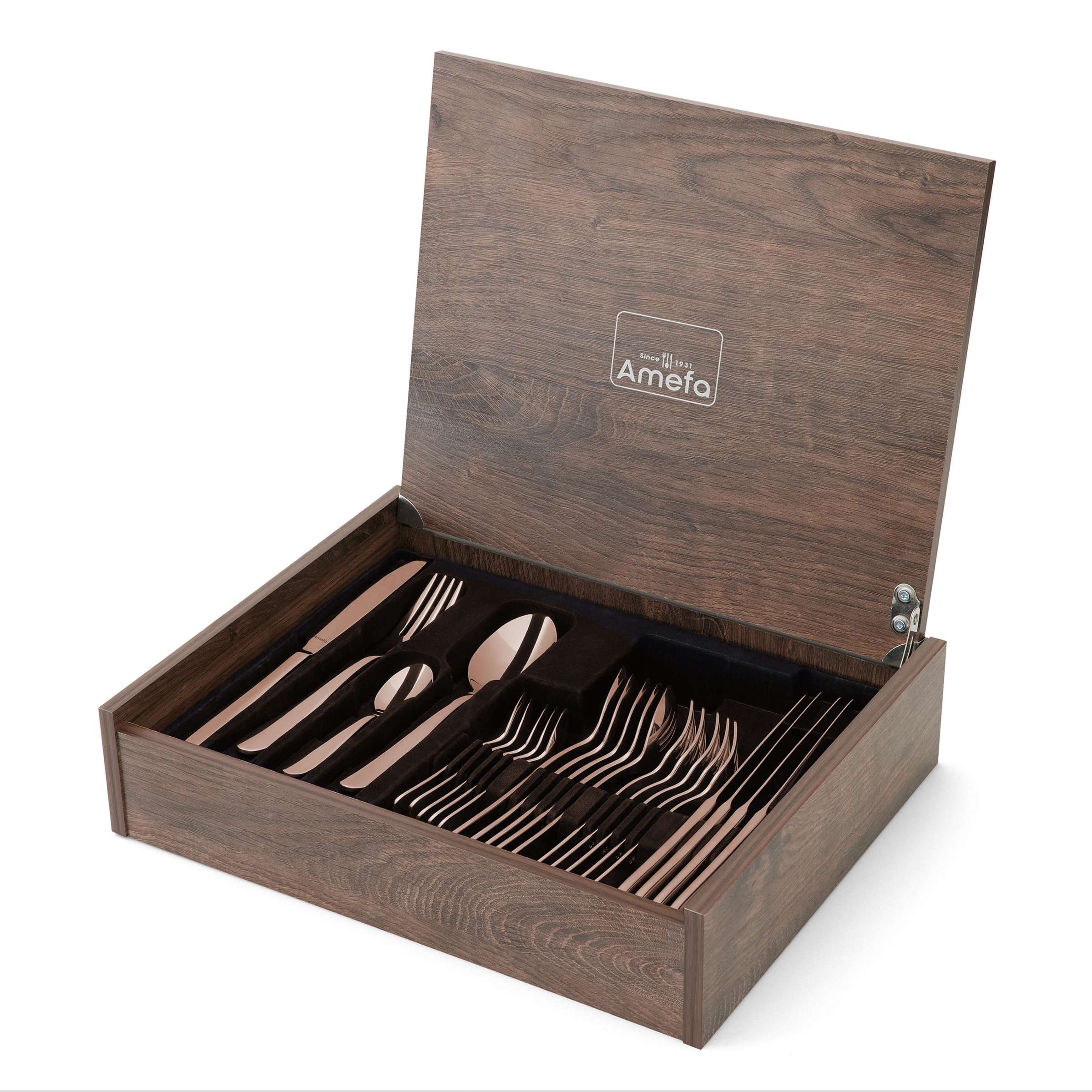 OXFORD Besteckset 24-teilig von Amefa, PVD kupfer, Besteckteile in Verpackung sichtbar, elegantes und modernes Geschirrset