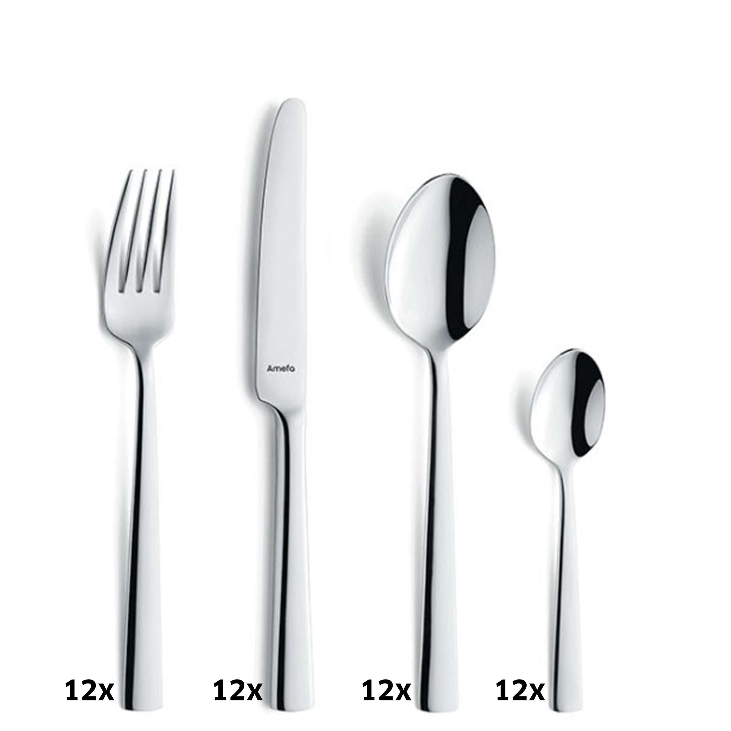 Modernes 78-teiliges Besteckset von Amefa mit Messer, Gabel, Löffel und Teelöffel auf weißem Hintergrund.