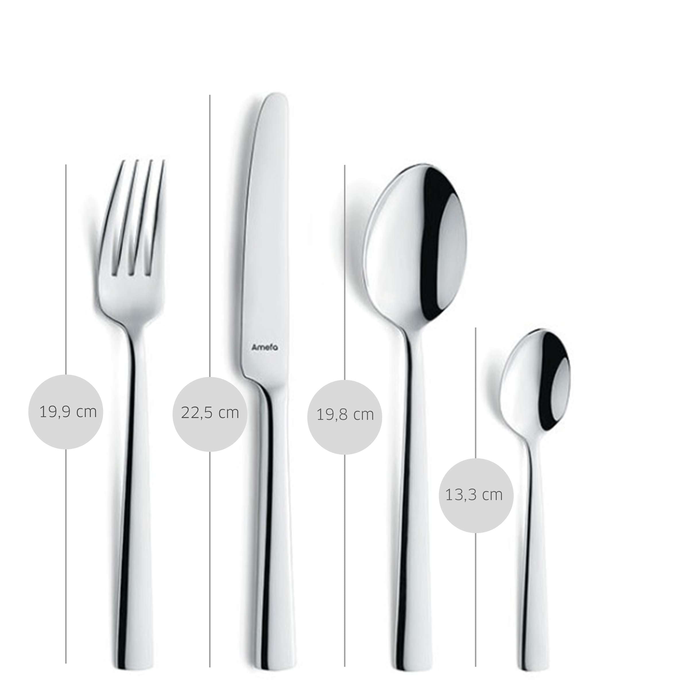 Modernes 78-teiliges Besteckset von Amefa mit Messer, Gabel, Löffel und Dessertbesteck aus Edelstahl.