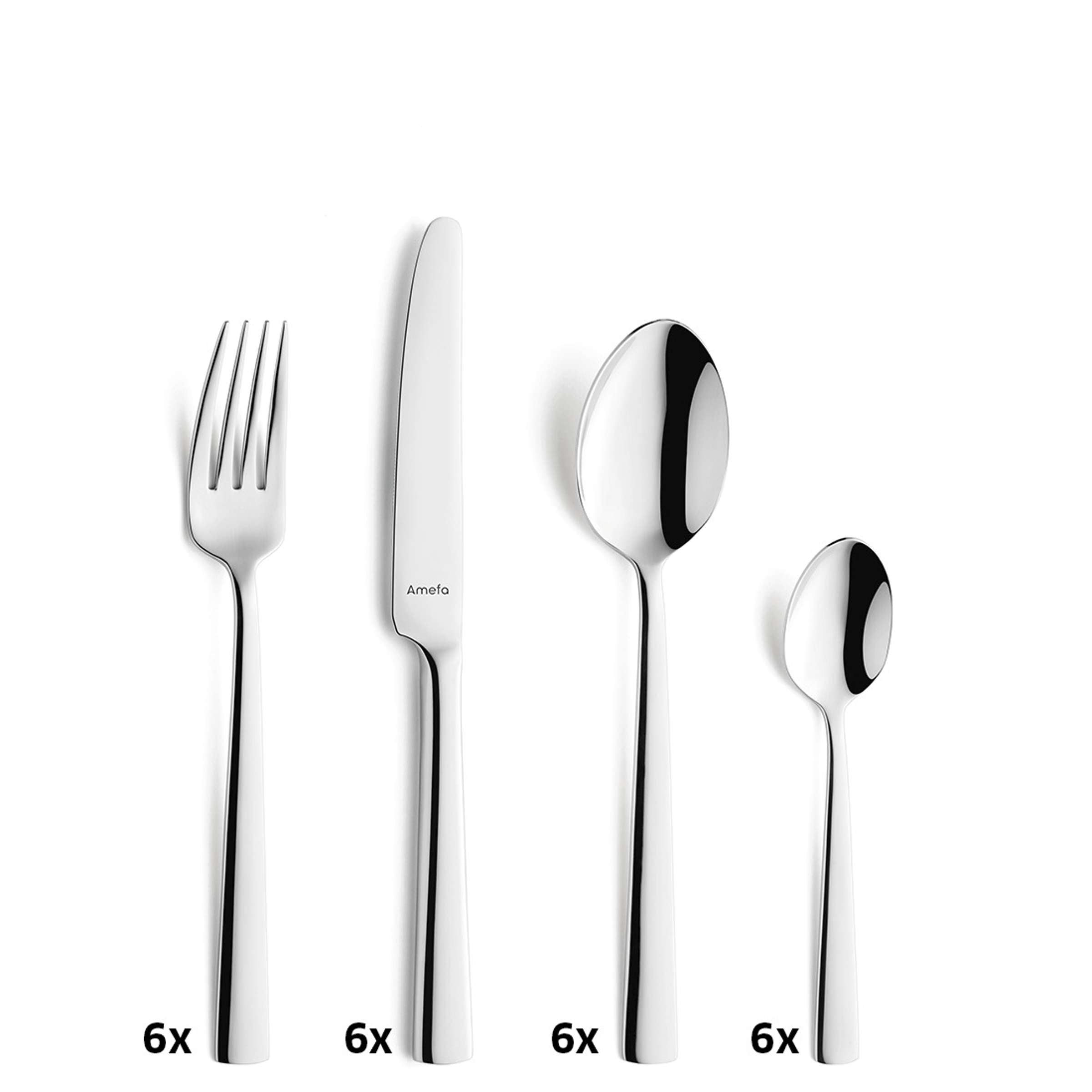 Modernes 24-teiliges Amefa Besteckset mit Messer, Gabel, Löffel und Teelöffel auf weißem Hintergrund.