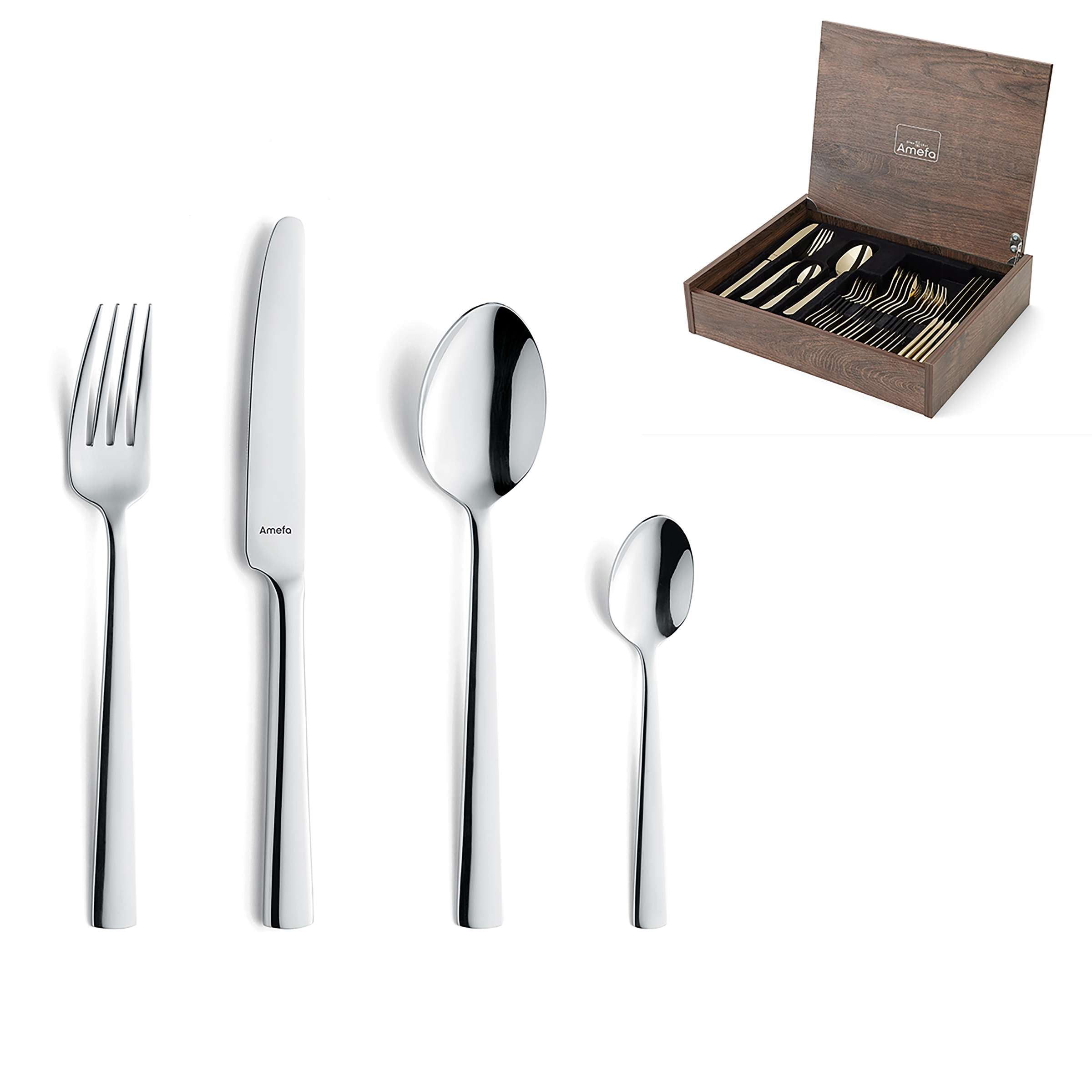 Moderno Besteckset von Amefa, 24-teilig, besteht aus Messer, Gabeln, Löffeln und Kuchengabeln, elegant und modern gestaltet