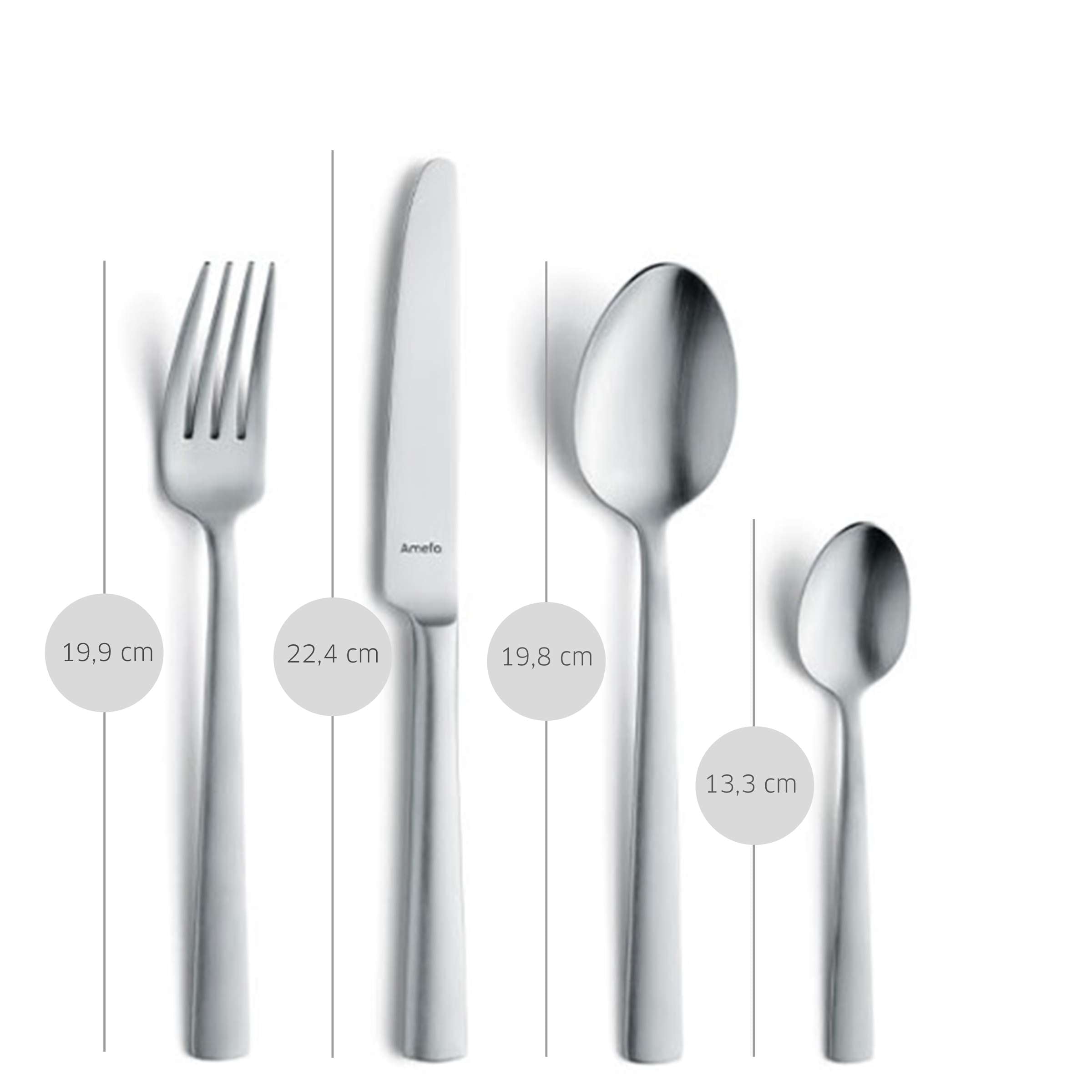 VINTURA Besteckset 78-teilig von Amefa mit Messer, Gabel, Löffel und Kaffeelöffel aus Edelstahl, schön gereiht auf einer weißen Oberfläche