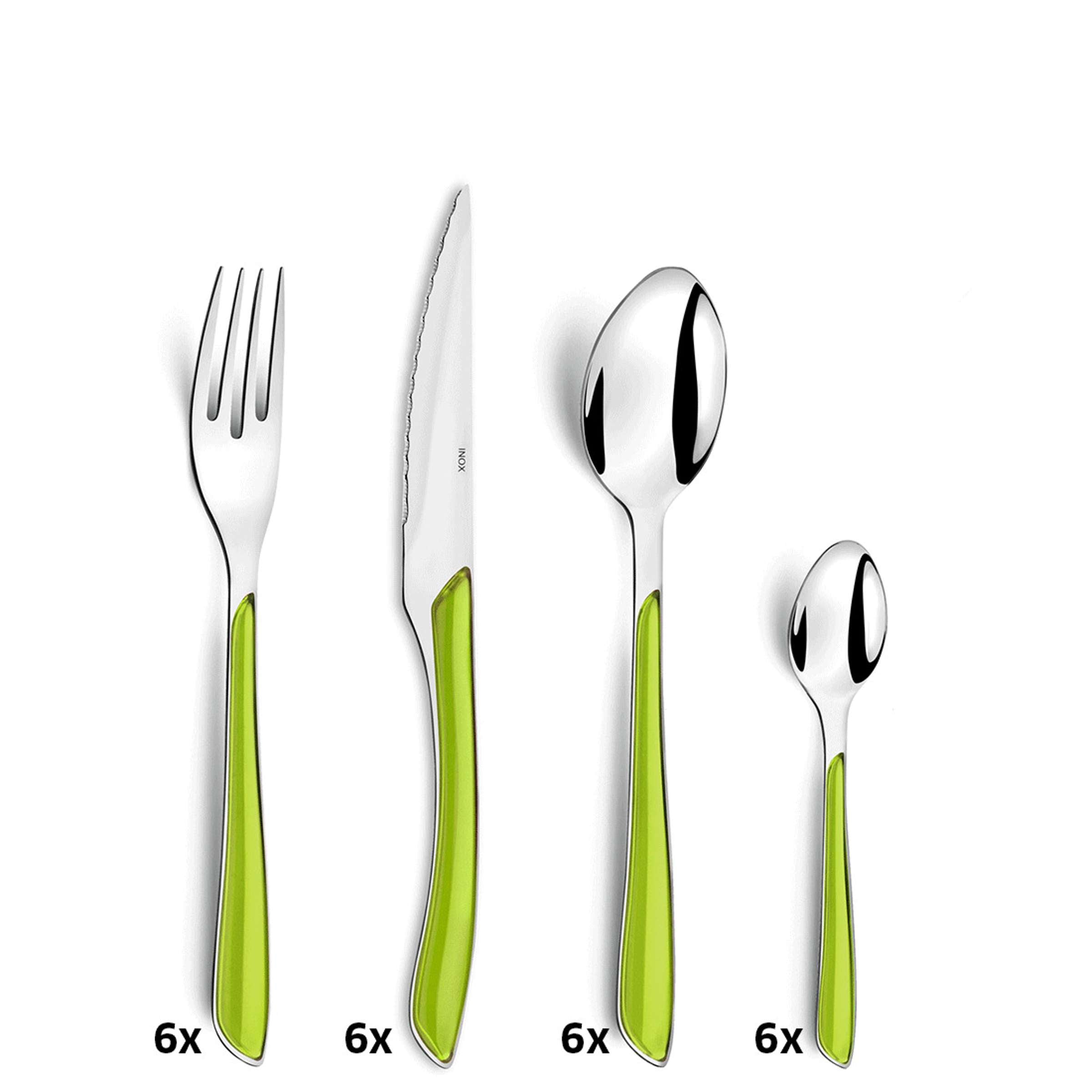 ECLAT Besteckset 24-teilig von Amefa, Anisgrün, Messer, Gabeln und Löffel aus Edelstahl, modernes Design, auf weißem Hintergrund