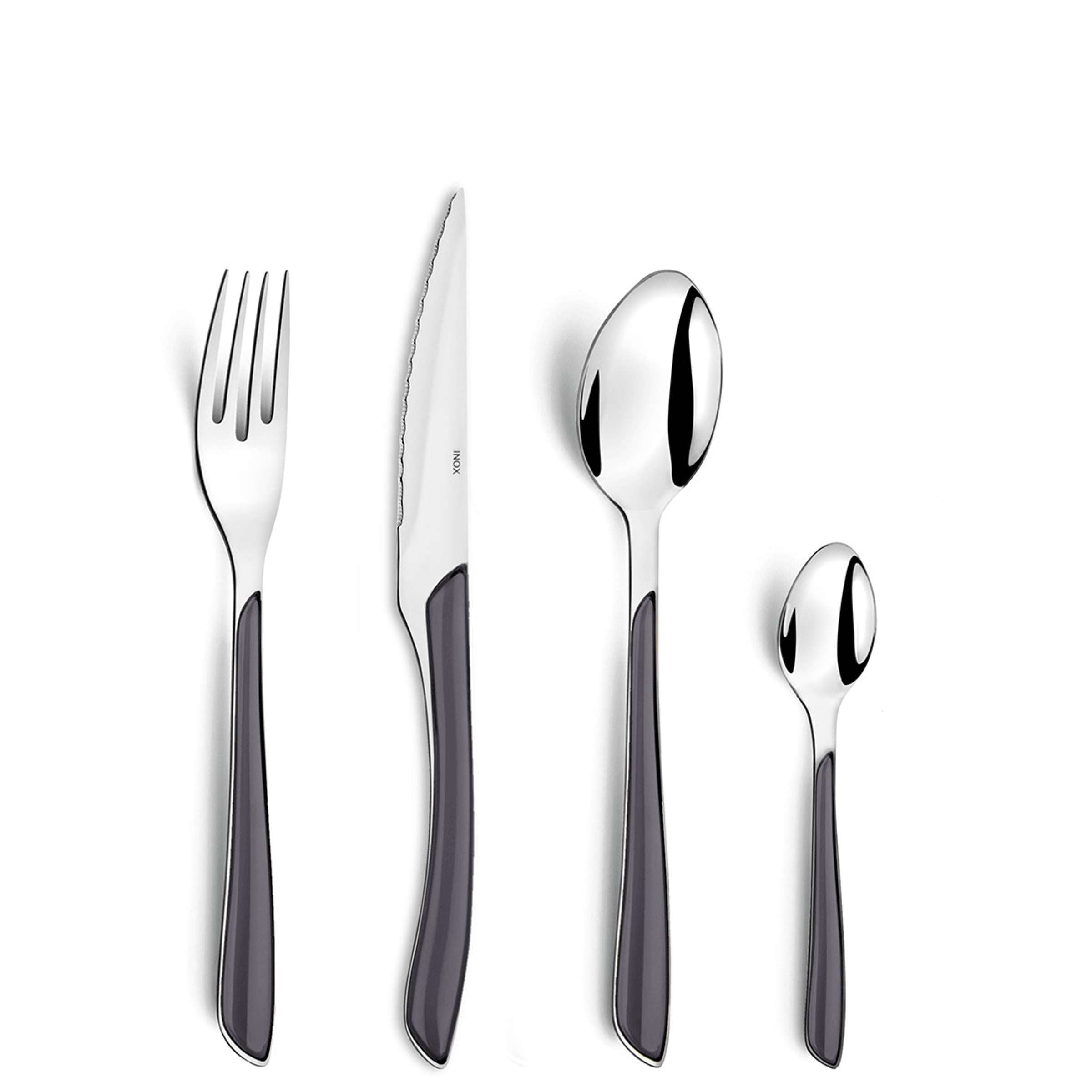 ECLAT Besteckset 24-teilig von Amefa, graues Messer, Gabel, Löffel aus Edelstahl, elegant und modern, auf weißem Hintergrund.