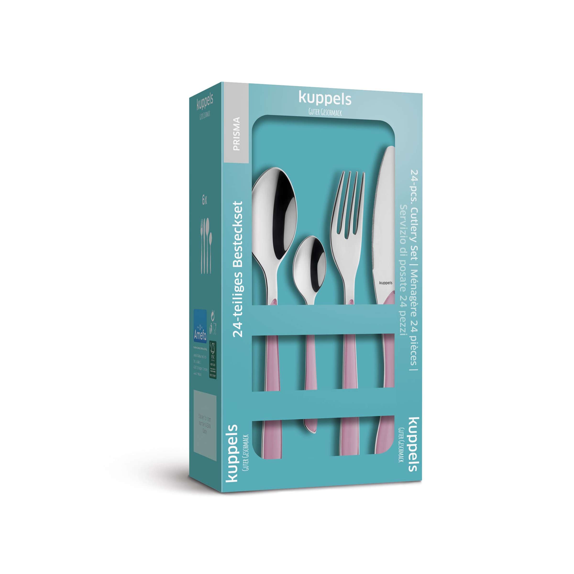 Kuppels PRISMA Besteckset 24-teilig in Altrosa, hochwertiges Edelstahlbesteck mit elegantem Design, in Verpackung.