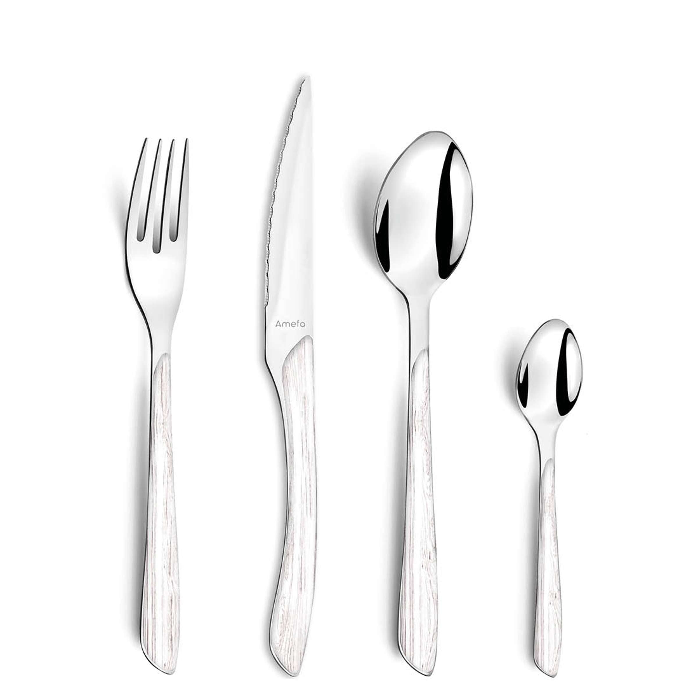 Weißes ECLAT NATURE Besteckset von Amefa, 24-teilig, inklusive Messer, Gabel, Löffel, für elegante Tischdekoration.