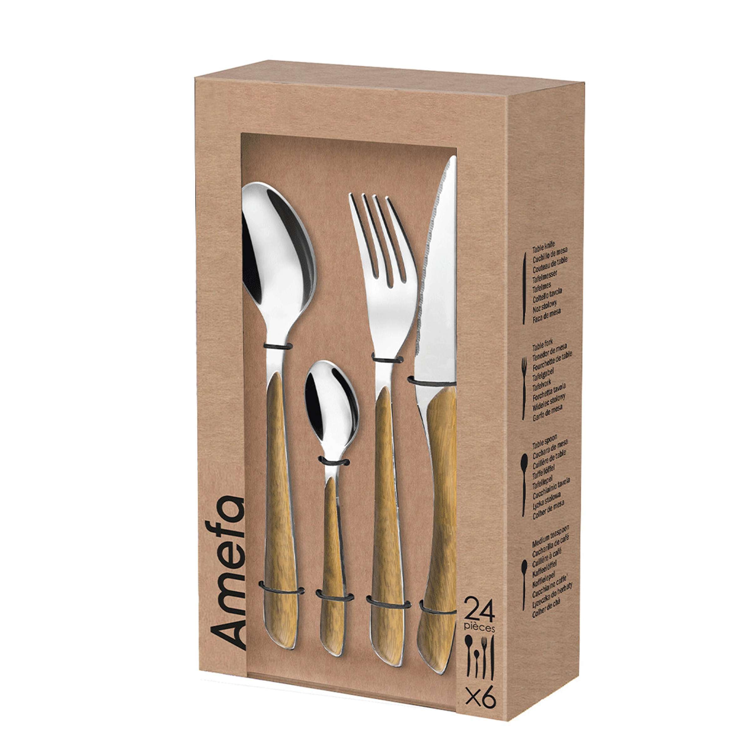 Amefa ECLAT NATURE Besteckset aus Holz, 16-teilig, mit Messer, Gabel, Löffel und Teelöffel, auf weißem Hintergrund.
