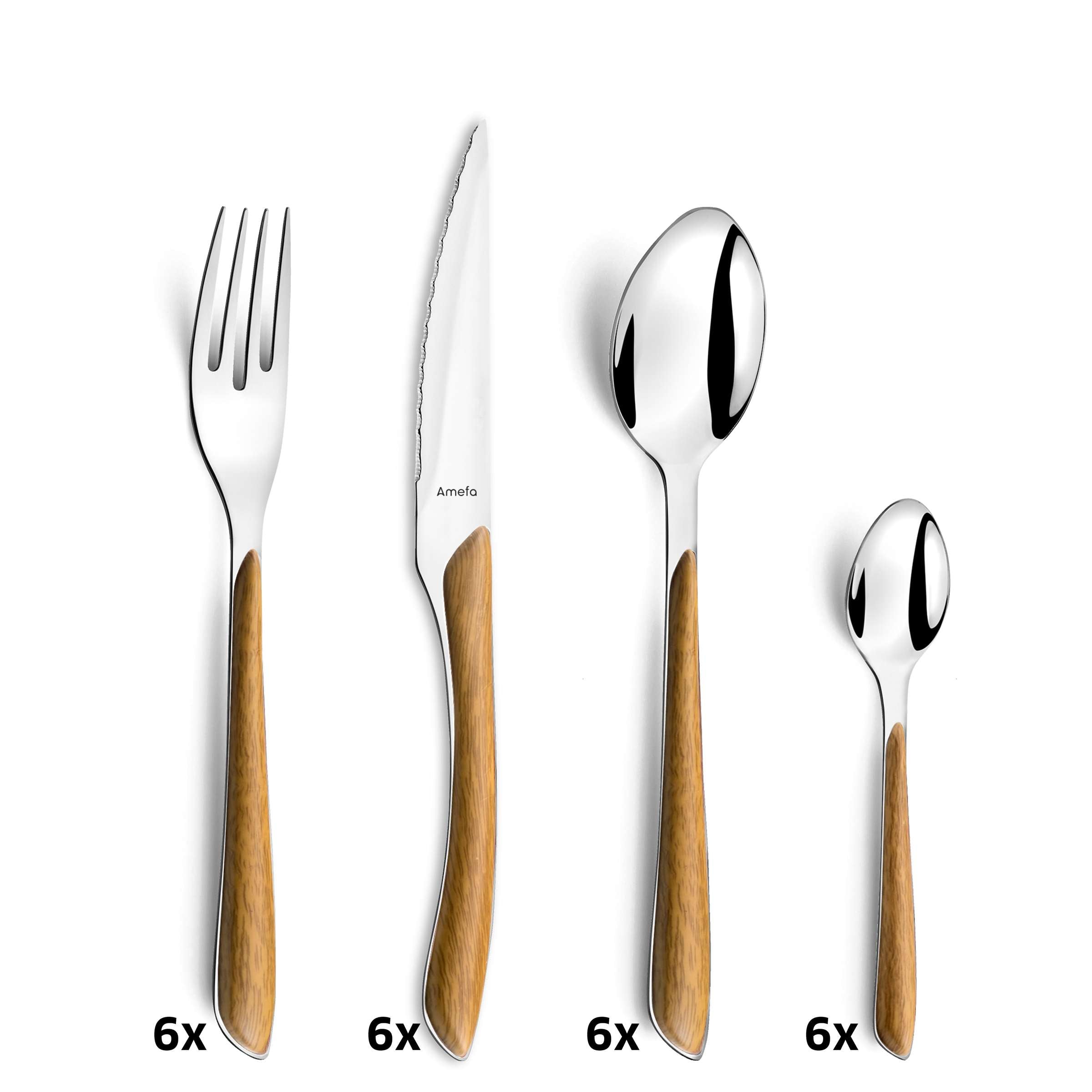 Amefa ECLAT NATURE Besteckset 24-teilig aus Holz, Messer, Gabeln und Löffel, elegant und umweltfreundlich gestaltet