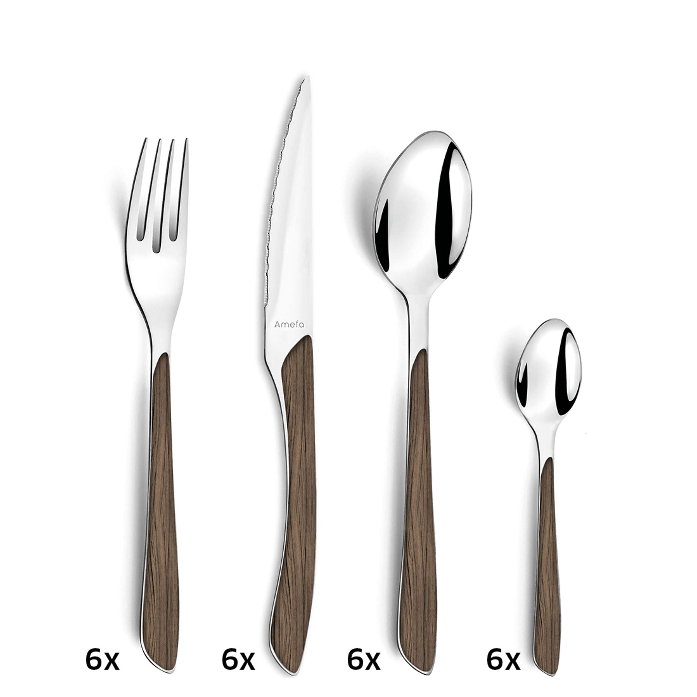 ECLAT NATURE Besteckset 24-teilig von Amefa, dunkle Holzoptik, Messer, Gabeln, Löffel aus Edelstahl, elegantes Besteck für den Tisch
