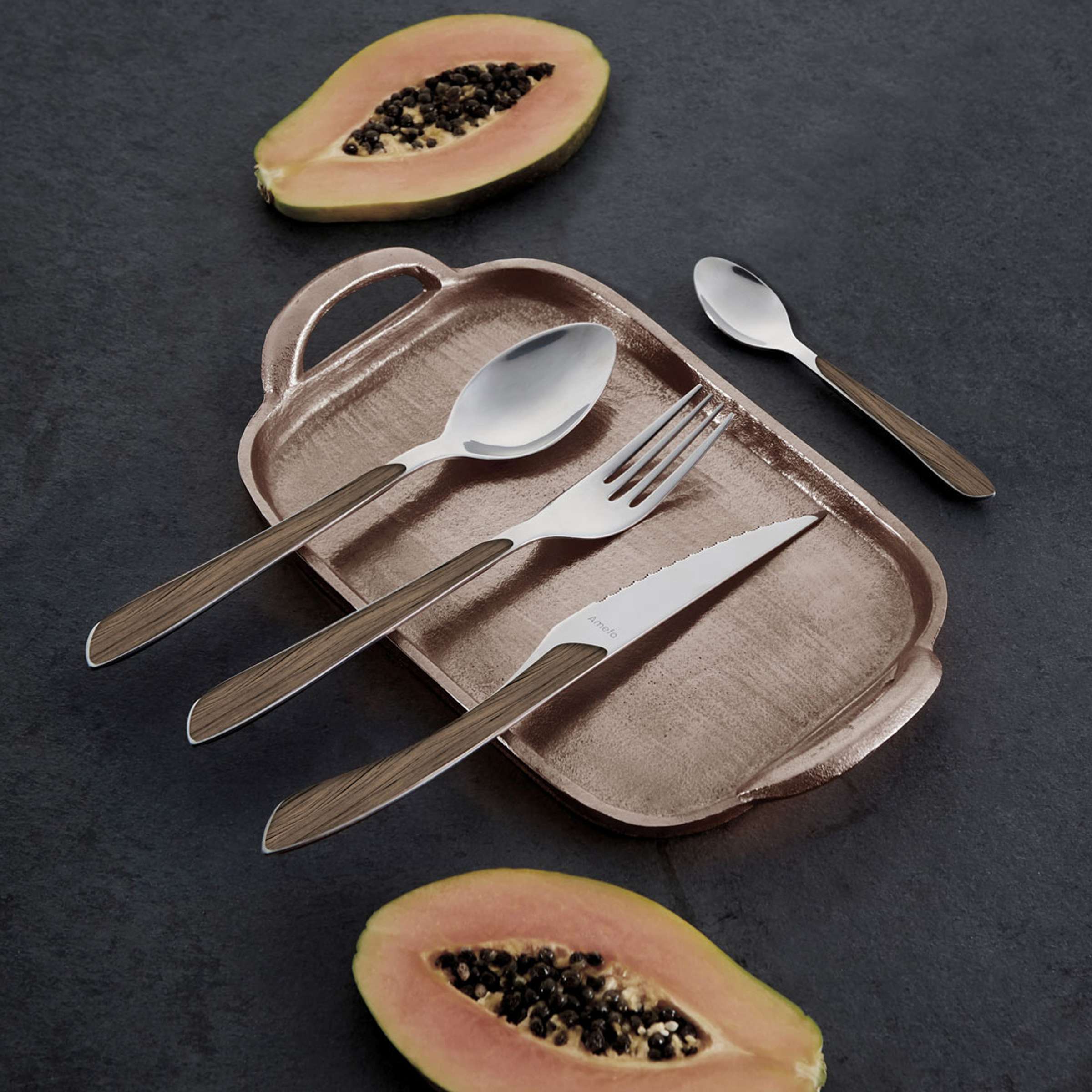 Amefa ECLAT NATURE Besteckset 24-teilig, dunkelbraun, aus hochwertigem Holz-Effekt, Messer, Gabeln, Löffel, elegant und robust