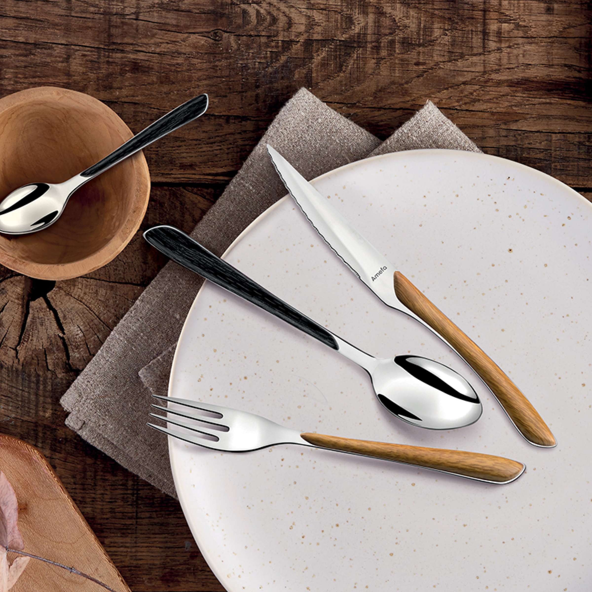 ECLAT NATURE Besteckset 16-teilig von Amefa, Messer, Gabeln und Löffel aus Holz, elegantes Geschirr für den Esstisch