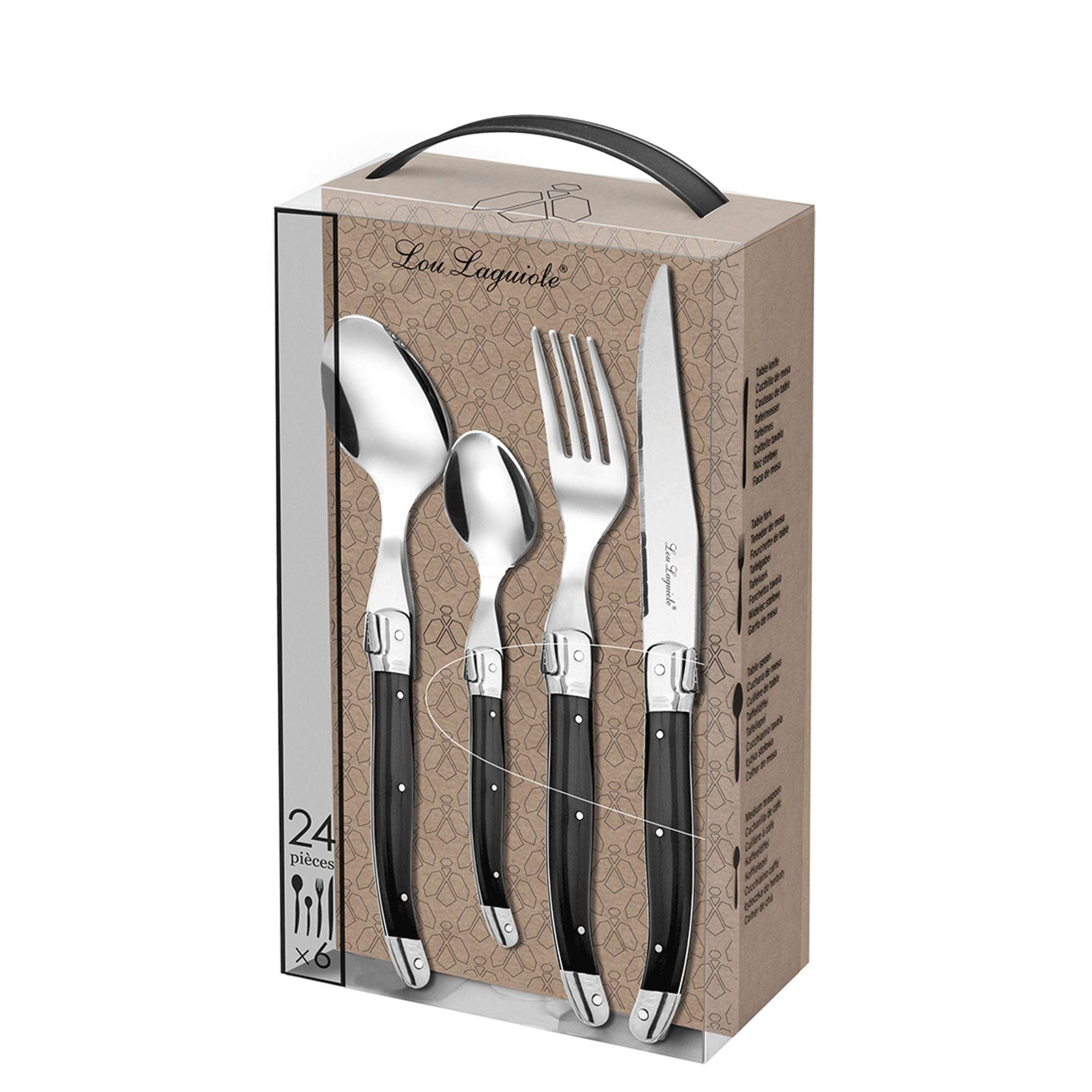 Graues 24-teiliges Besteckset von Lou Laguiole, elegantes Cutlery Set mit Messer, Gabel, Löffel und Teelöffel.