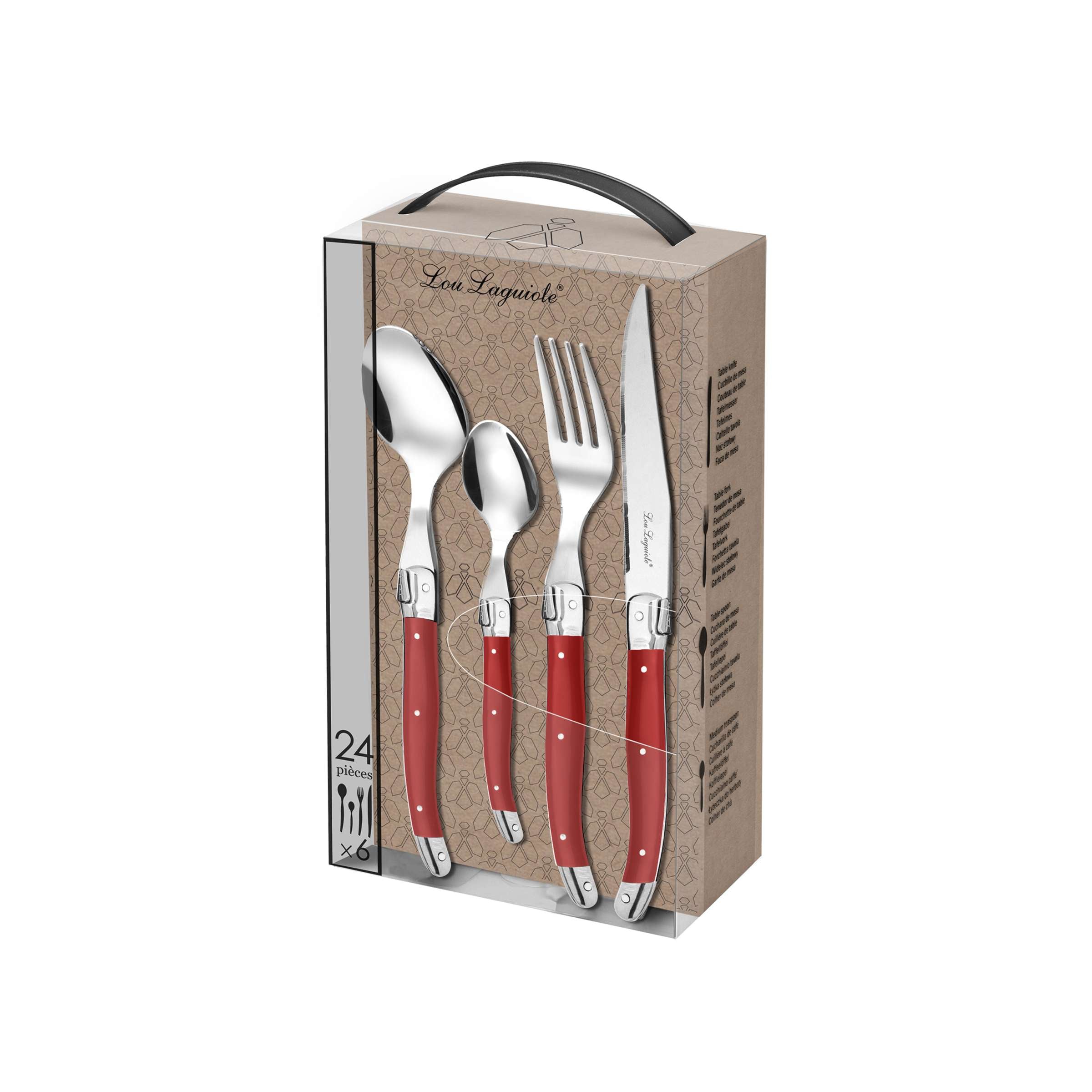 Tradition Besteckset 24-teilig von Lou Laguiole, rotes Cutlery Set mit Messer, Gabel, Löffel und Teelöffel, elegante Edelstahloptik