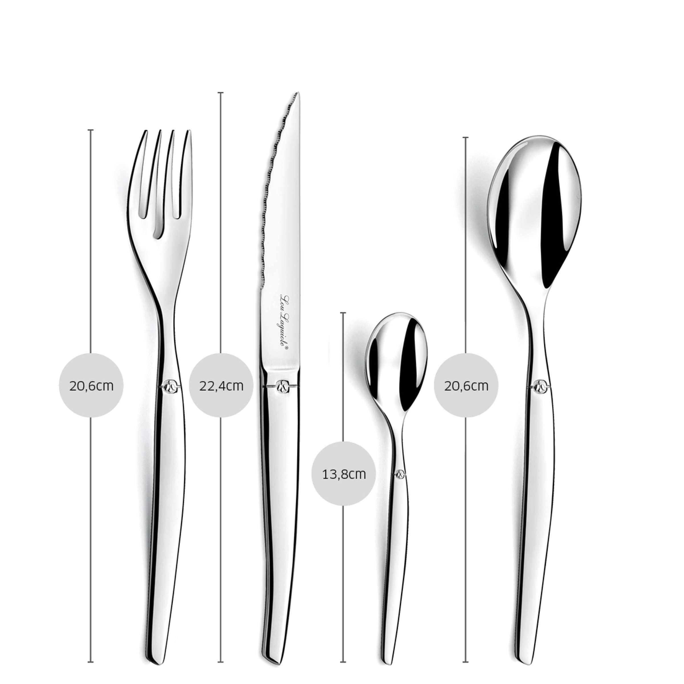 16-teiliges Lou Laguiole Besteckset aus Edelstahl mit Messer, Gabel, Löffel und Kaffeelöffel, elegant und hochwertig.