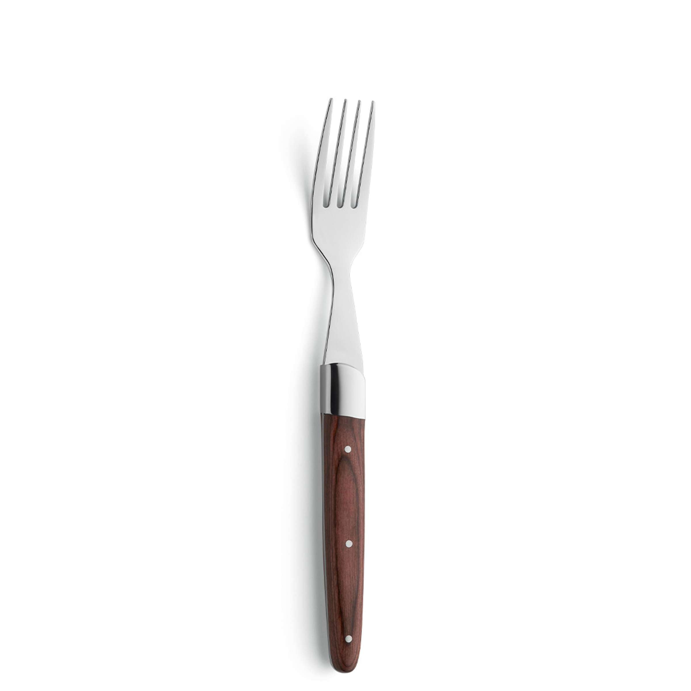 Amefa Royal Steak Besteckset mit 4 Teilen aus Holz, Messer, Gabel und Löffel auf hellem Holzuntergrund sichtbar.