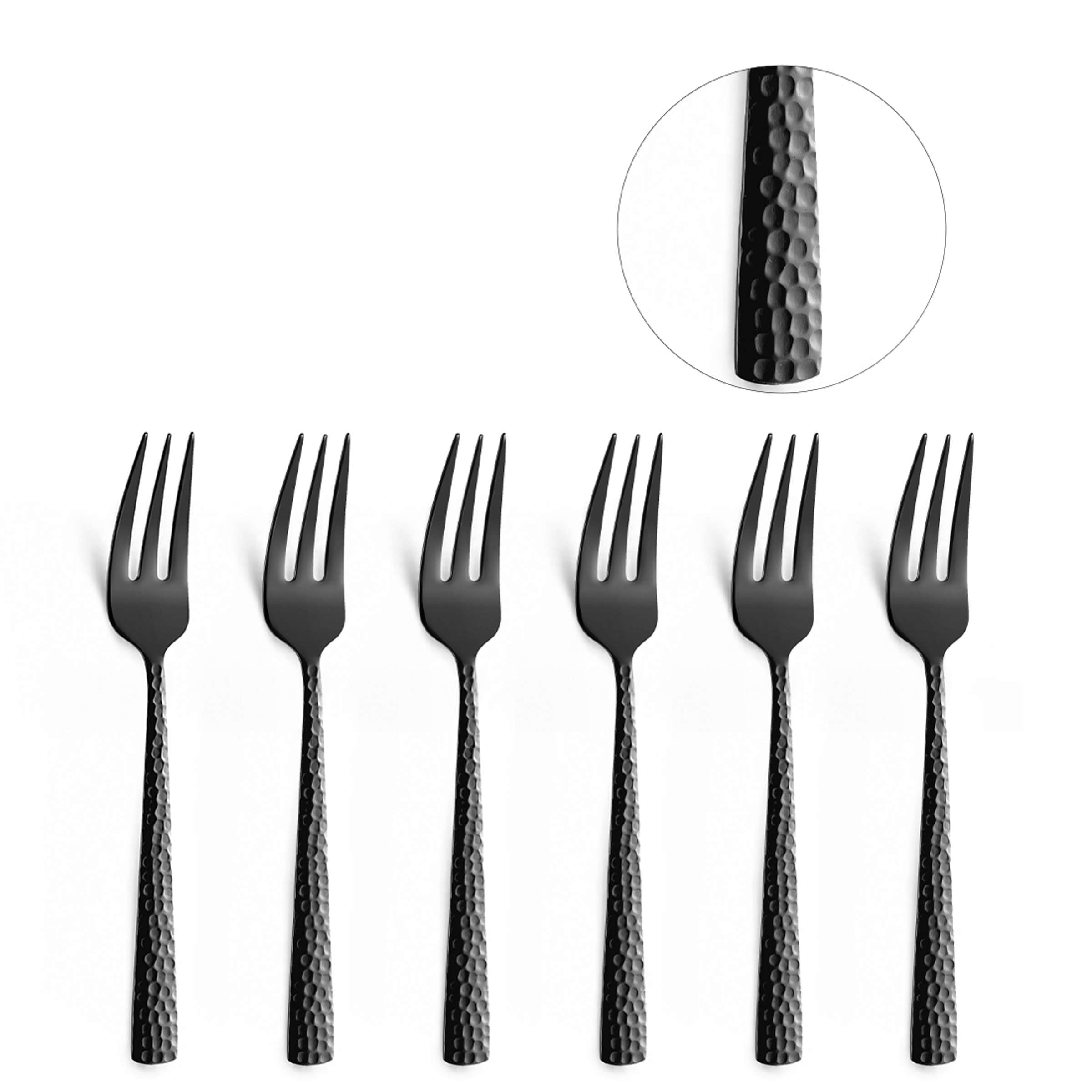 Schwarzes Amefa FELICITY Kuchengabel-Set mit 6 Teilen aus PVD-beschichtetem Edelstahl, filigran gestaltete Besteckteile.
