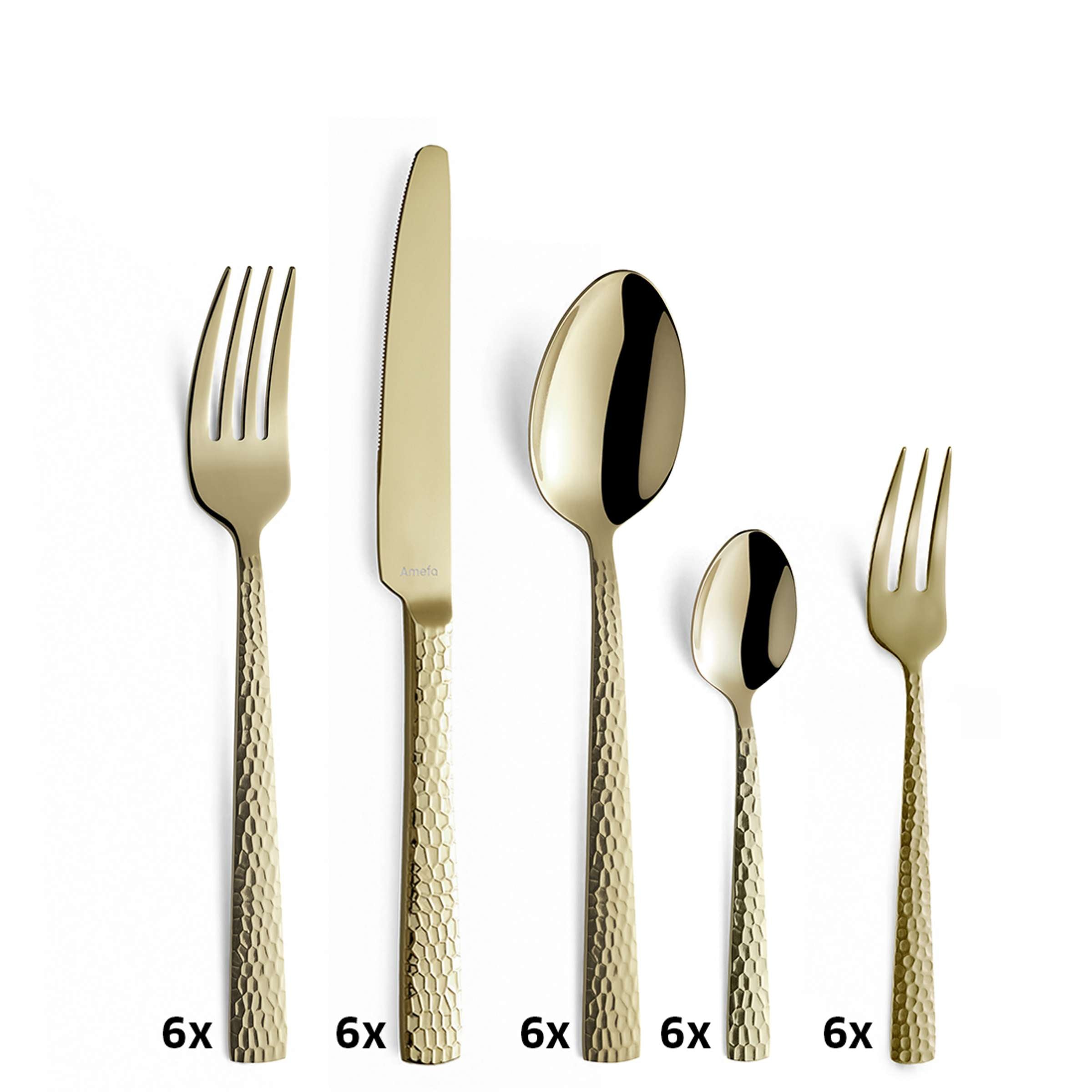 Amefa FELICITY 30-teiliges Besteckset mit PVD-Champagner-Finish, including Messer, Gabeln, Löffel und Teelöffel.
