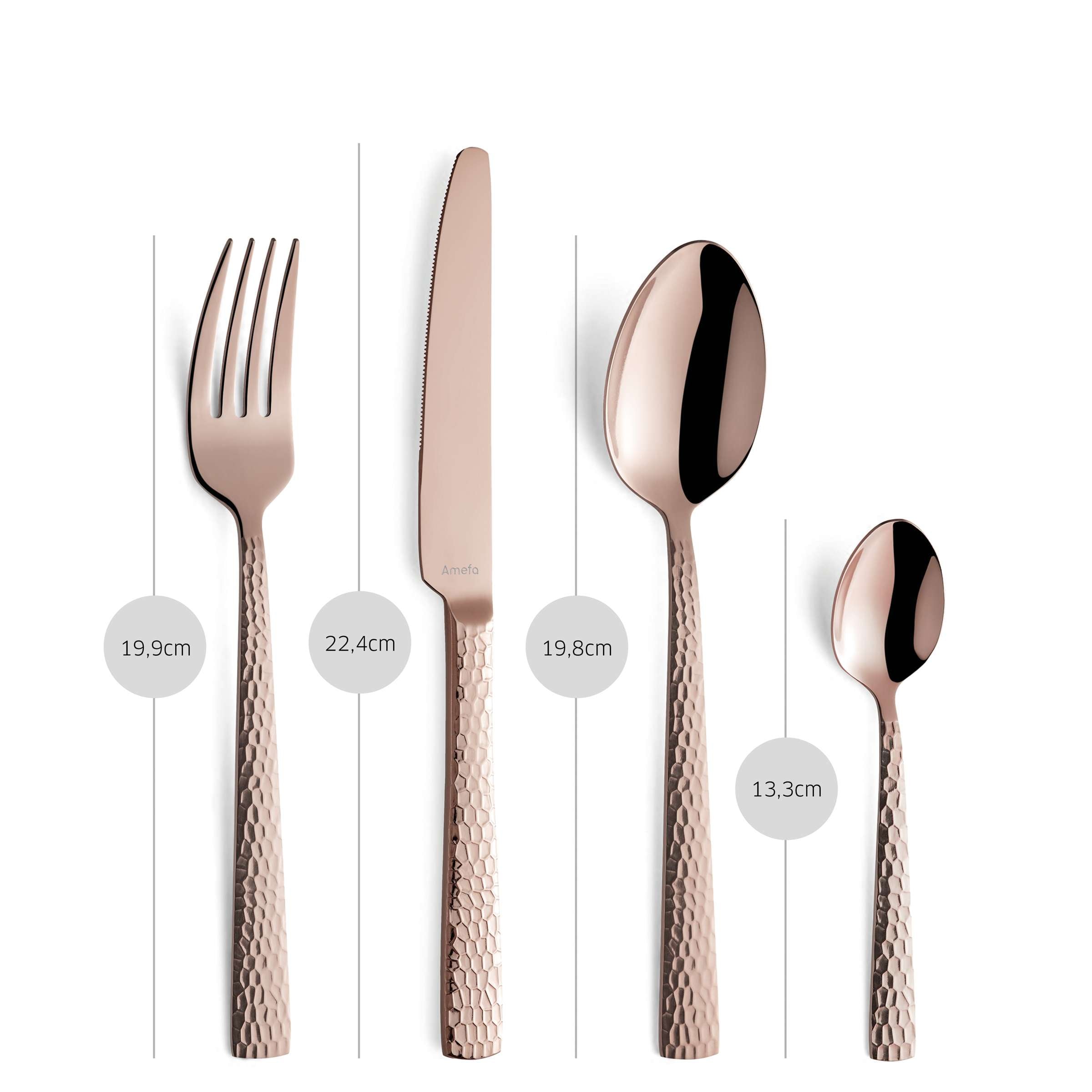 Amefa FELICITY Besteckset 24-teilig aus PVD rosé mit Messer, Gabel, Löffel auf weißem Hintergrund.