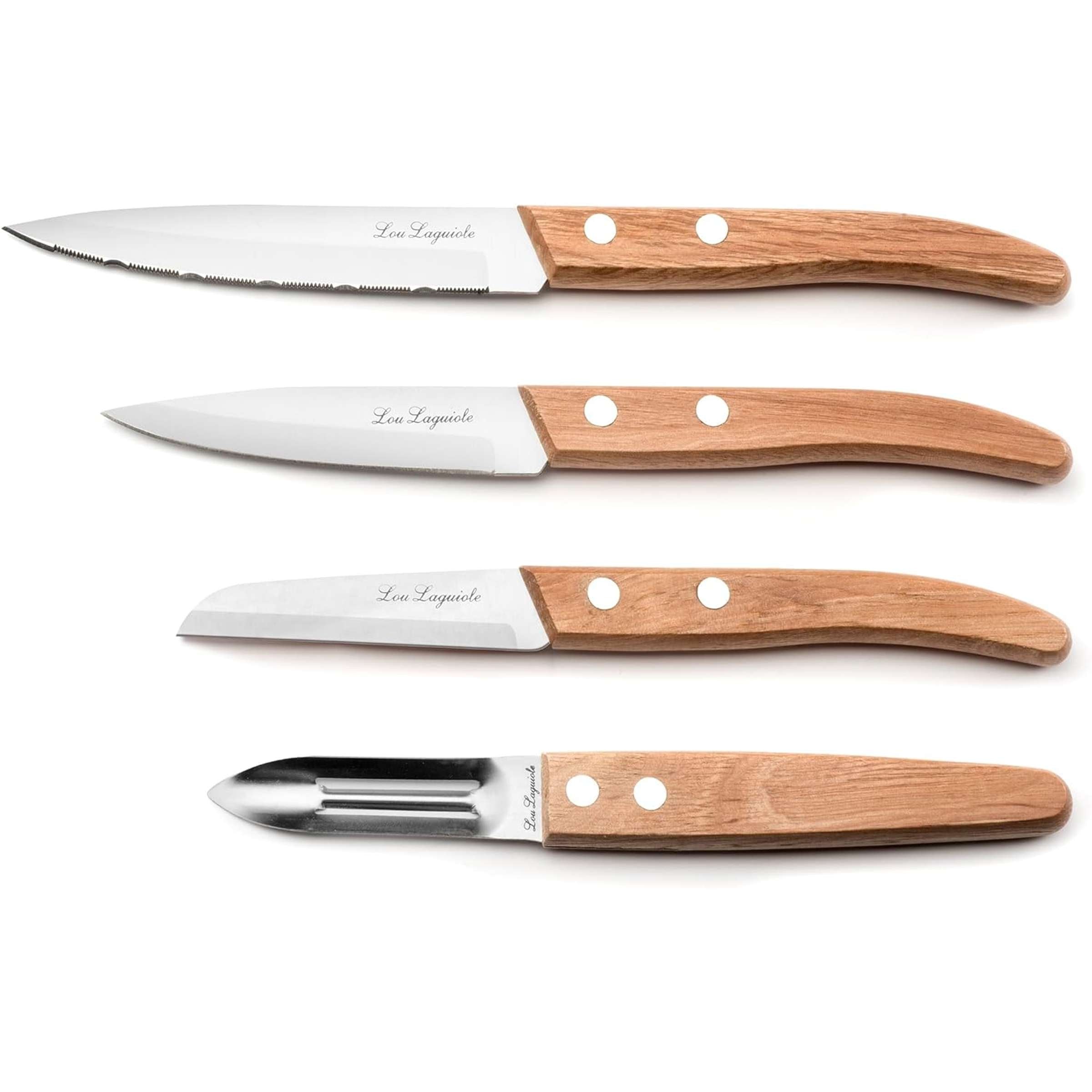 Vierteiliger Lou Laguiole Forest Schäler Set mit scharfen Küchenmessern und ergonomischem Griff, ideal für präzises Schneiden in der Küche.