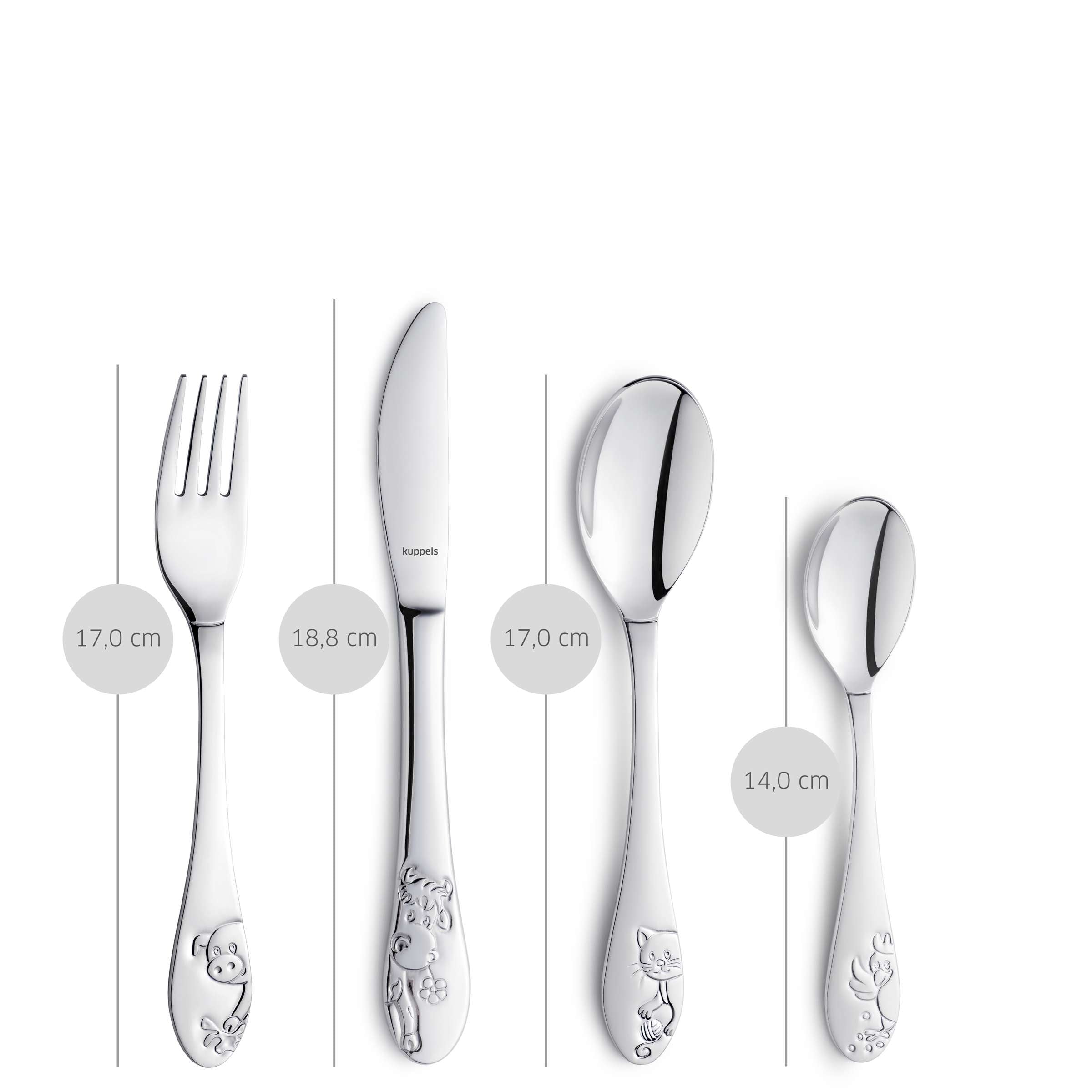 Kinderbesteck-Set von Kuppels, 4-teilig, aus Edelstahl, kindgerechtes Besteck für Kinder, inklusive Messer, Gabel, Löffel und Teelöffel.