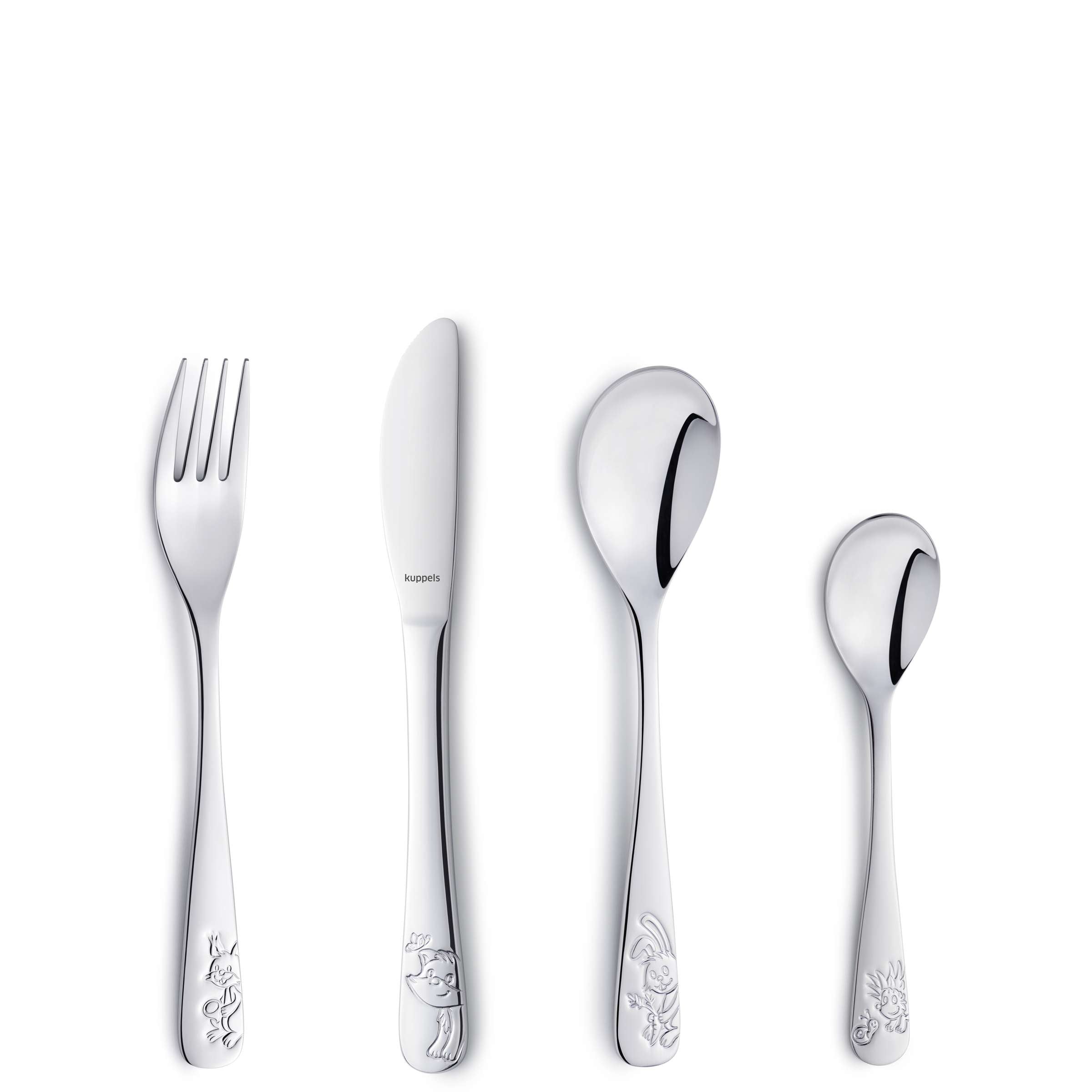Kinderbesteck Set von Kuppels, 4-teilig, aus langlebigem Edelstahl, für Kinder, inklusive Messer, Gabel, Löffel und Teelöffel.