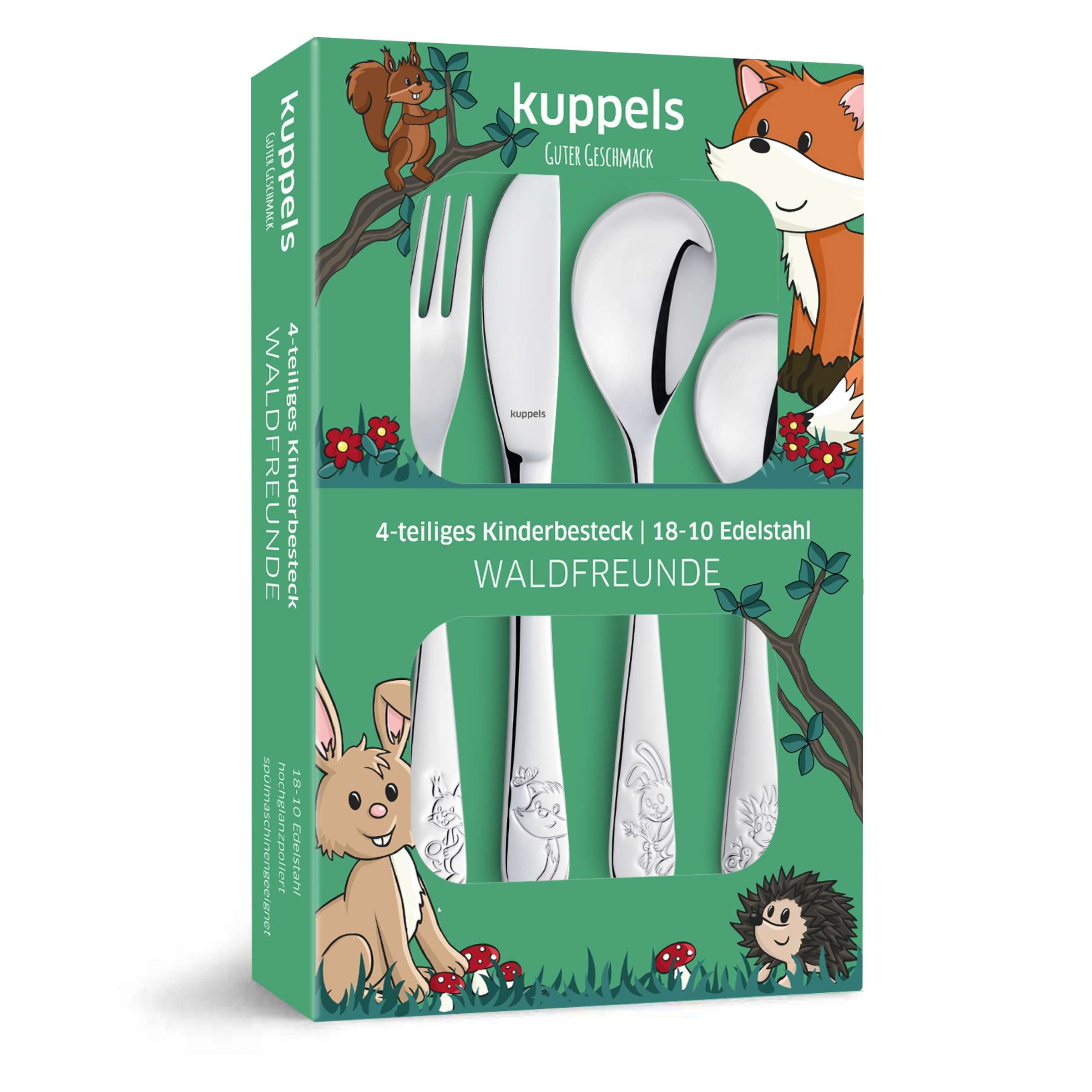 Kinderbesteck Set von Kuppels, 4-teilig, mit kindgerechtem Design, aus Edelstahl und buntem Griff, ideal für kleine Kinder.