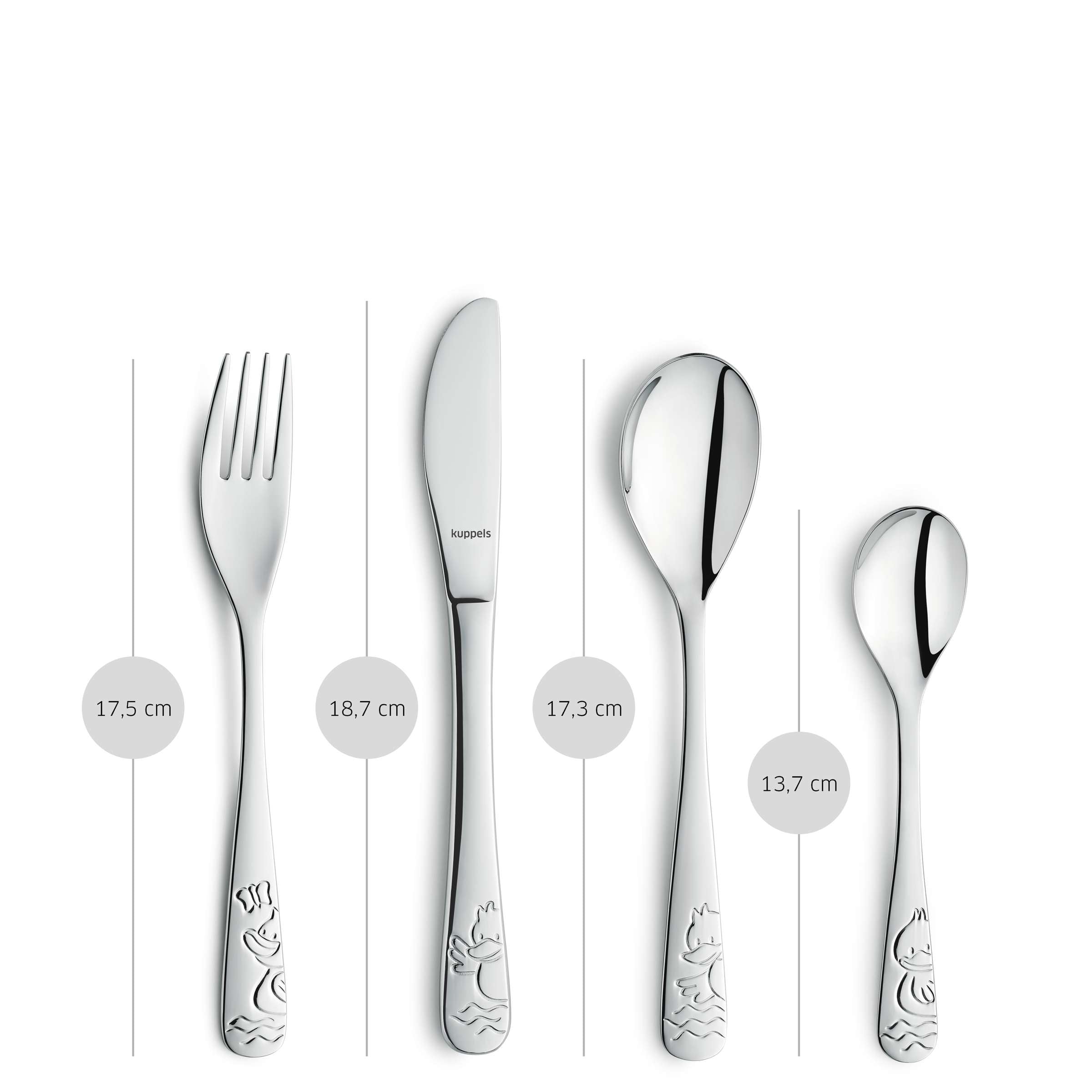 Kinderbesteck Set von Kuppels, 4-teilig, inklusive Messer, Gabel, Löffel und Teelöffel für Kinder, buntes Design