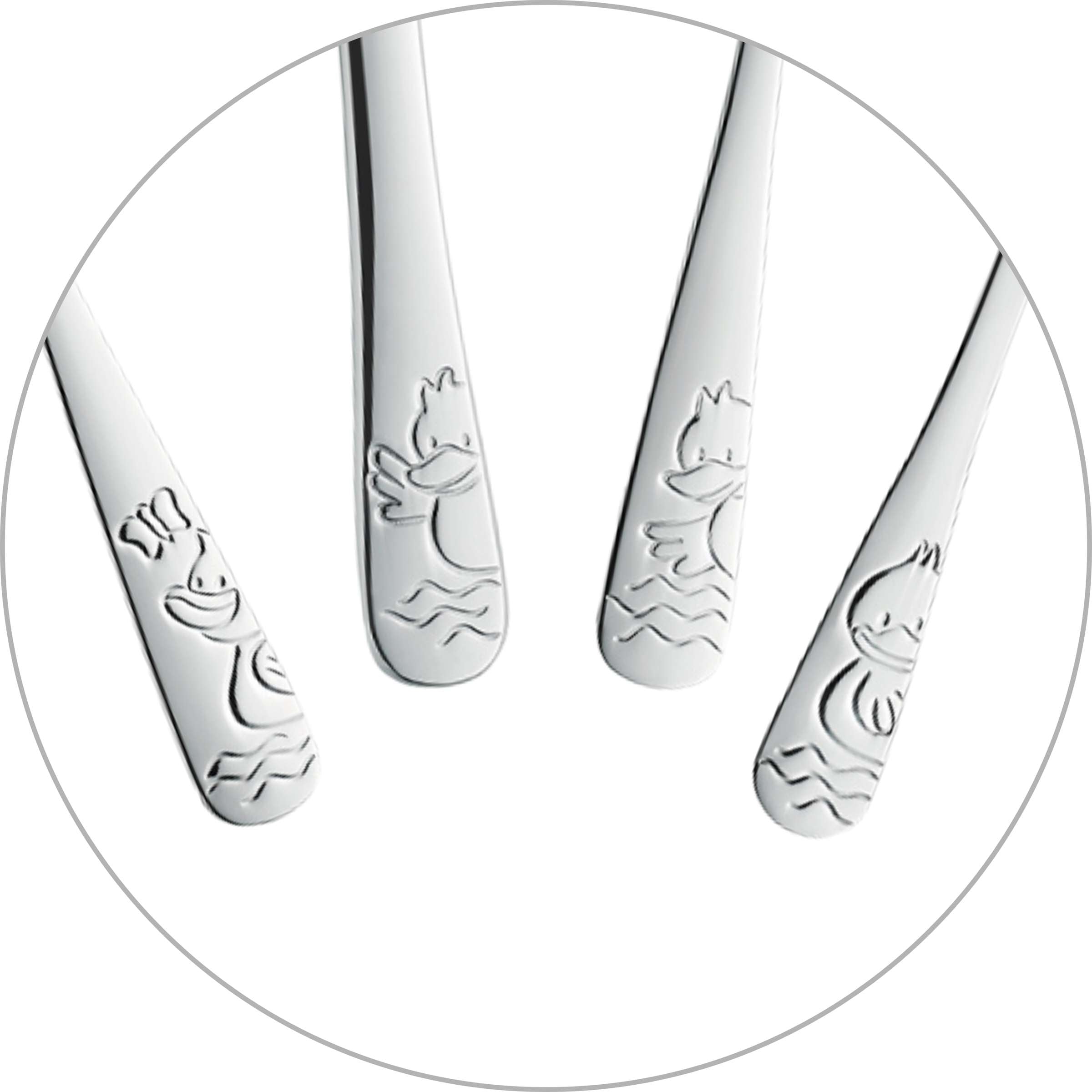Kinderbesteck Set von Kuppels, 4-teilig, mit Duck-Motiv, inklusive Gabel, Messer, Löffel und Teelöffel, für Kinder.