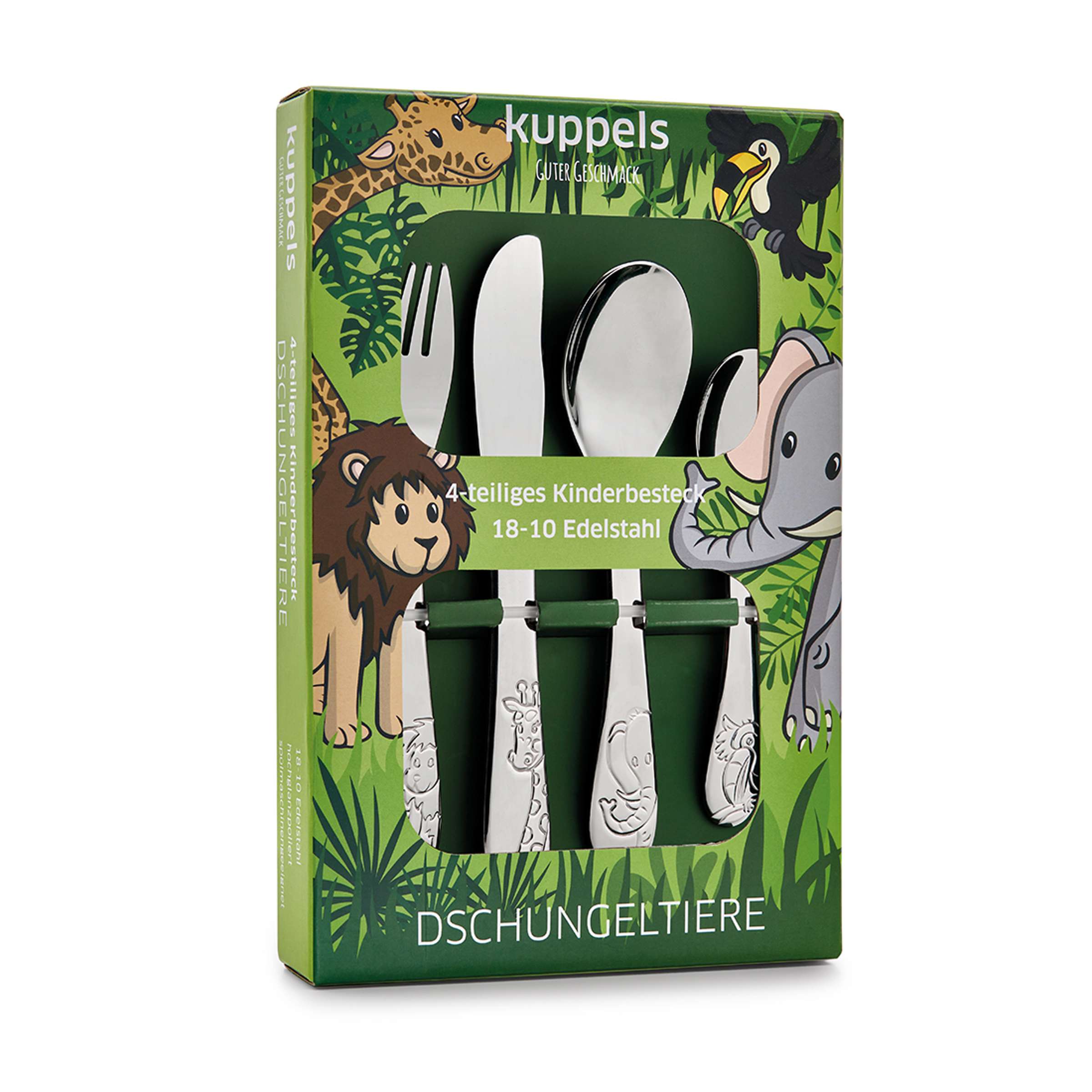 Kinderbesteck Set mit Dschungeltiere von Kuppels, 4-teilig, kindgerechtes Cutlery-Set mit bunten Dschungelmotiven.