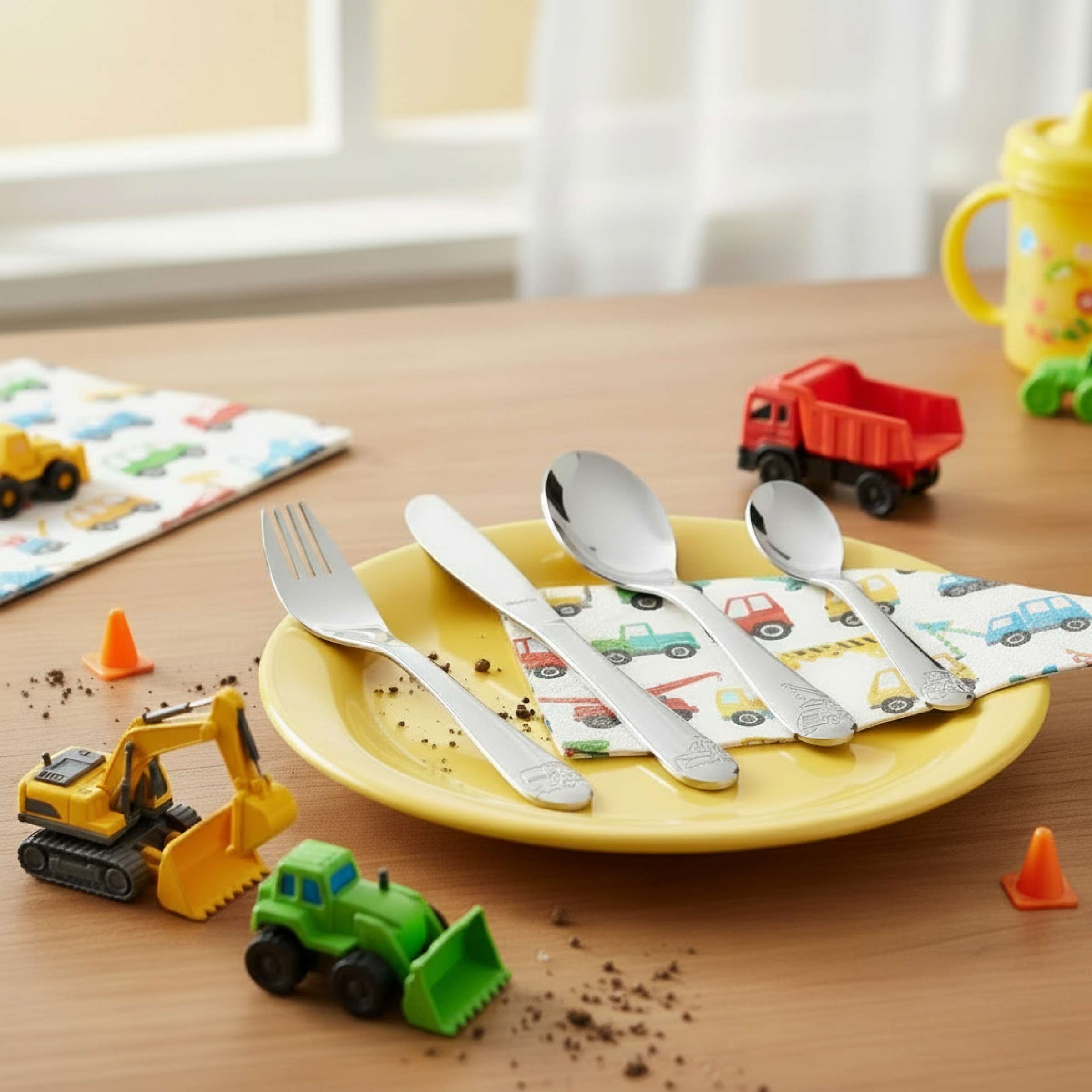 Kinderbesteck-Set von Kuppels, 4-teilig, mit bunten Besteckteilen für Kinder, geeignet für kleine Hände und Mahlzeiten.