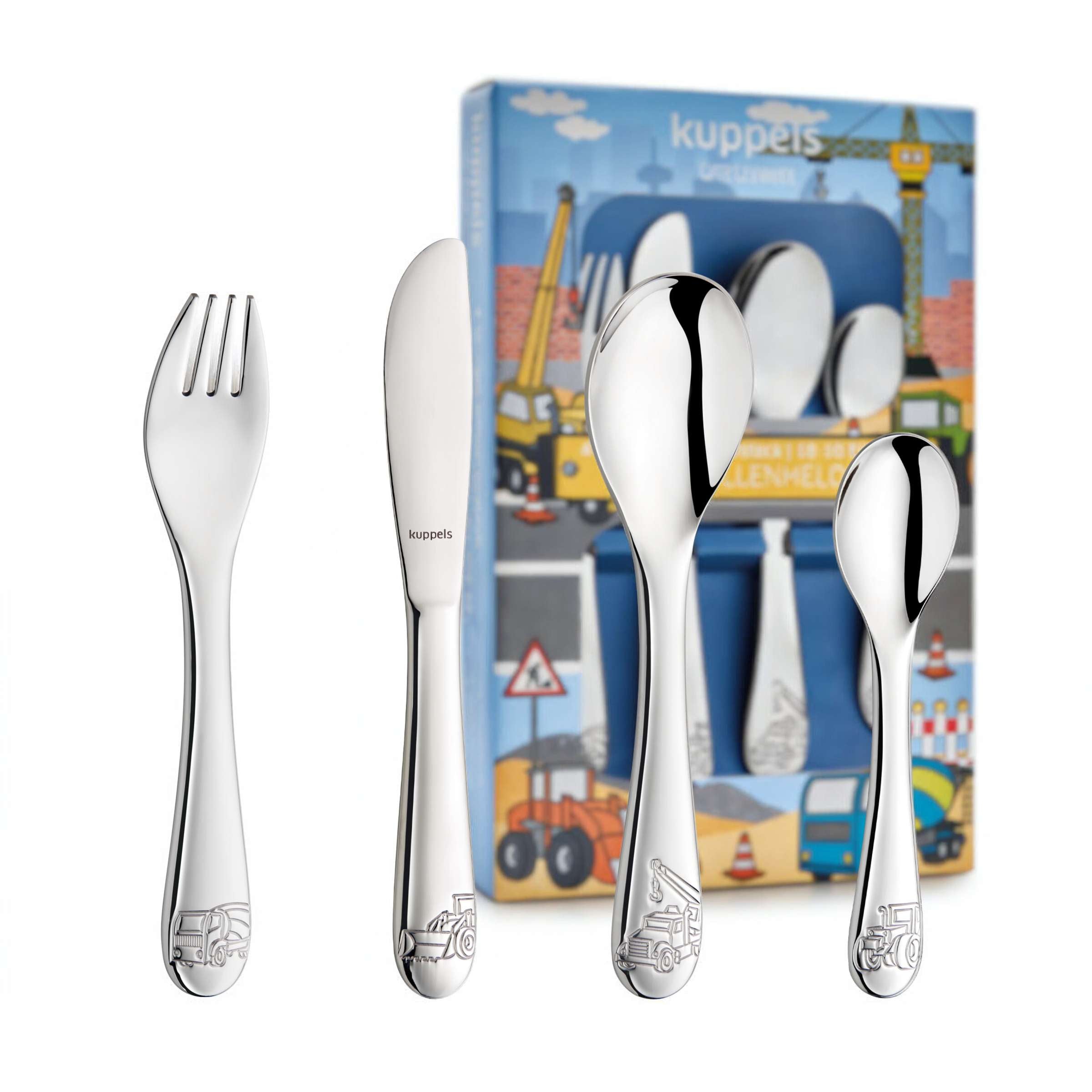 Kinderbesteck-Set von Kuppels, 4-teilig, inkl. Messer, Gabel, Löffel und Teelöffel, in Verpackung, kindgerechtes Besteck für Kinder