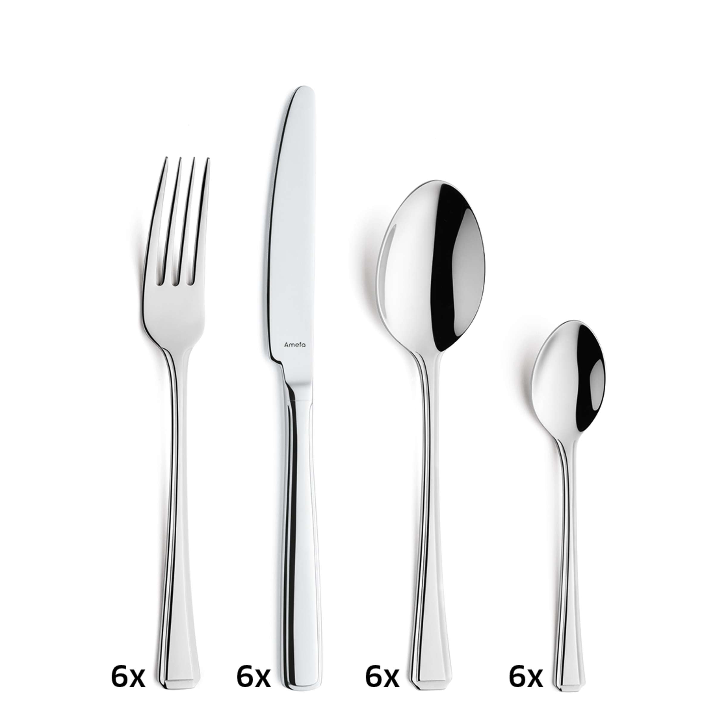 Amefa RITA Besteckset 24-teilig aus Edelstahl mit Gabeln, Messern, Löffeln und Kaffeelöffeln, elegant im Set angeordnet