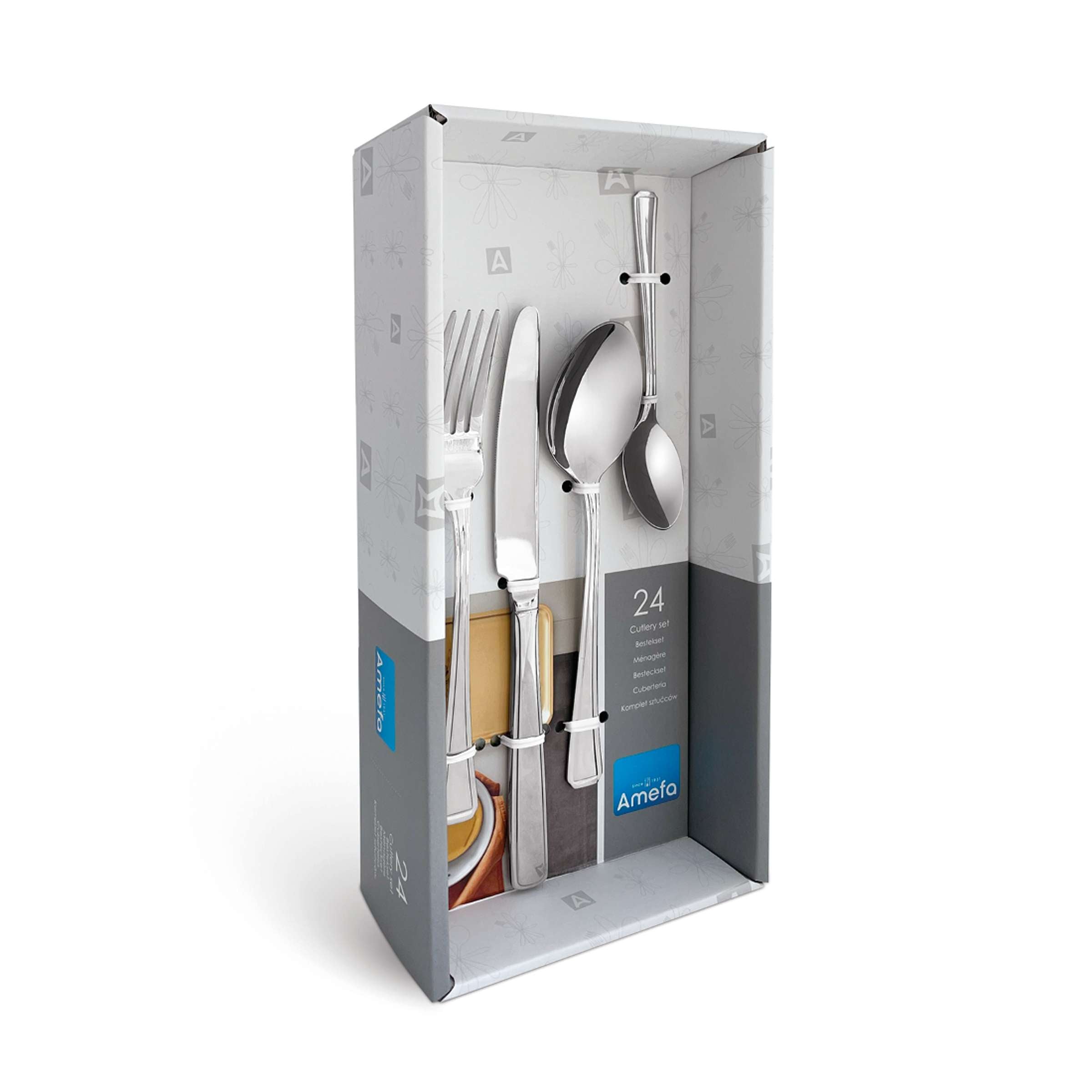 Amefa RITA Besteckset, 24-teilig, zeigt Messer, Gabeln, Löffel auf Verpackung, modernes Design, hochwertiges Besteck aus Edelstahl.
