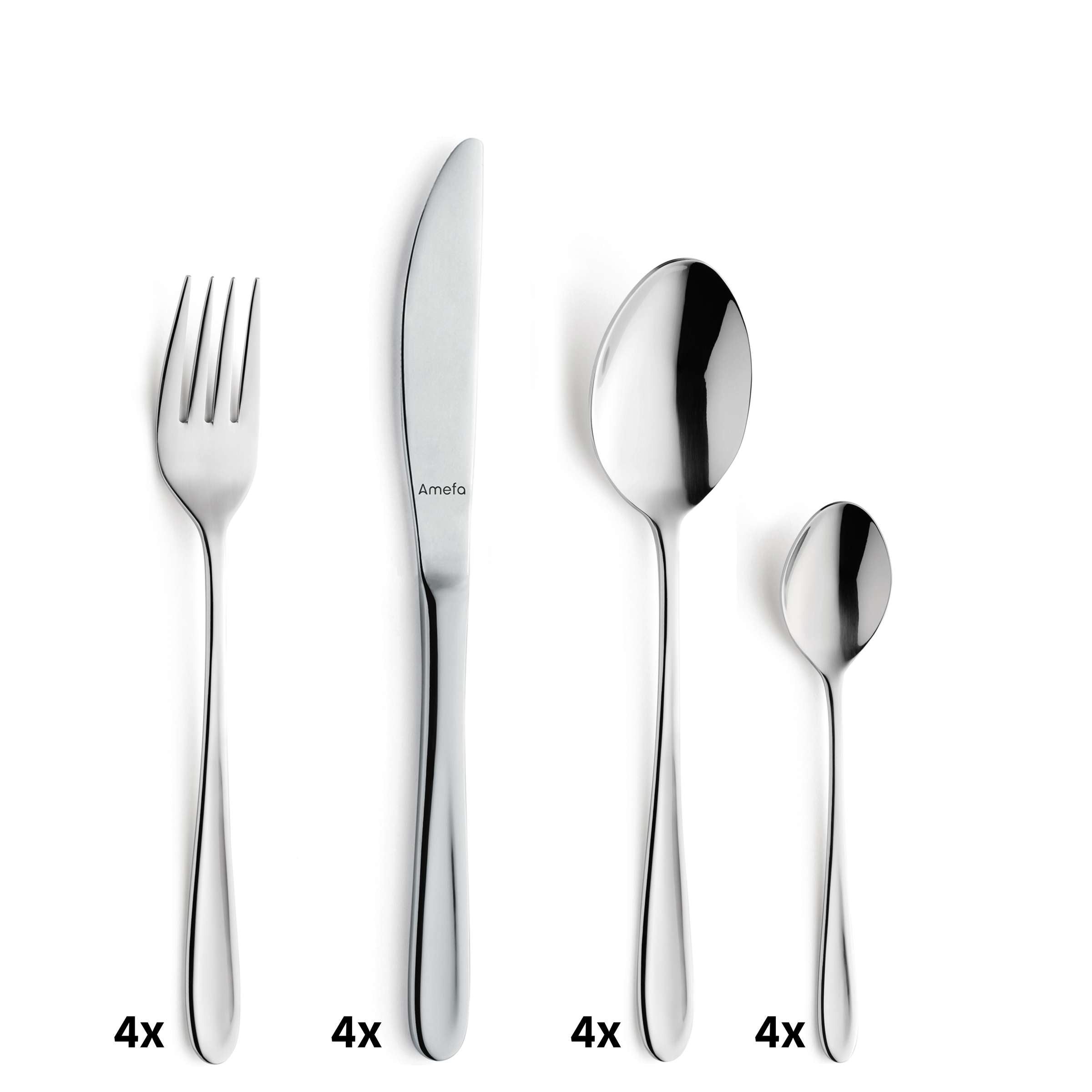 Amefa MONACO Besteckset 24-teilig mit Messer, Gabel, Löffel aus Edelstahl auf weißem Hintergrund.