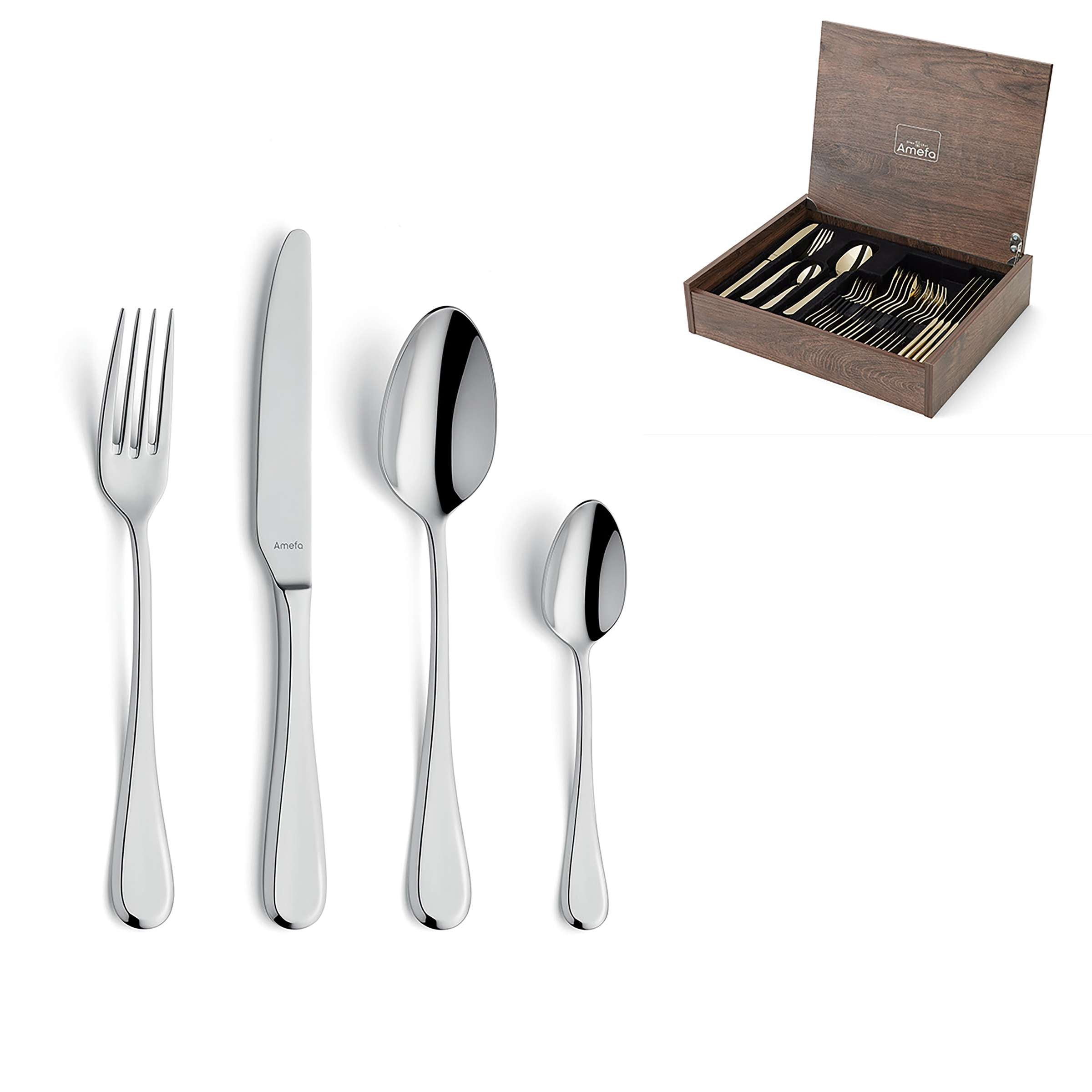 Amefa DRIFT Besteckset 24-teilig mit Messer, Gabel, Löffel auf weißem Hintergrund, hochwertiges Edelstahlbesteck für den Alltag