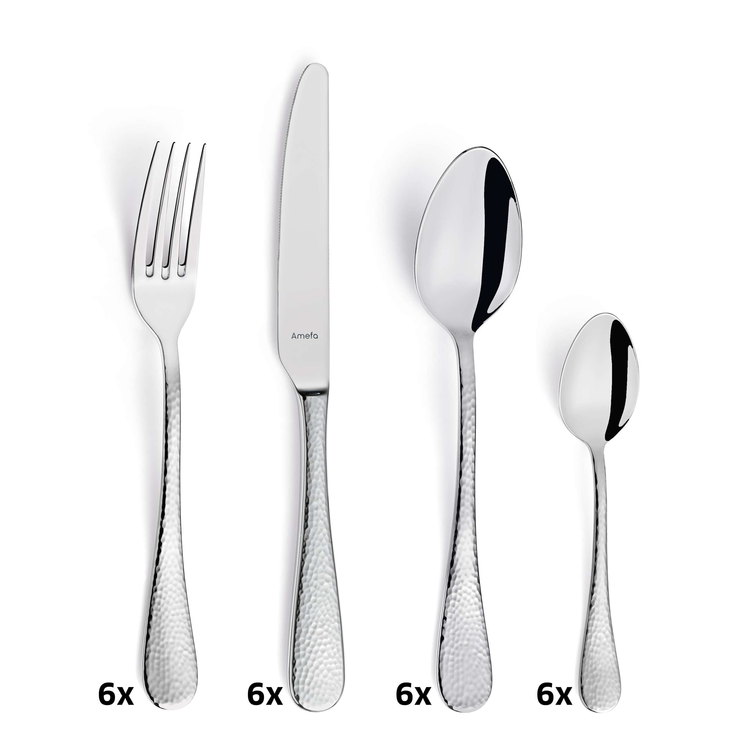 Amefa Sierra Besteckset 24-teilig mit Messer, Gabel, Löffel aus Edelstahl, elegant und modern für den Esstisch.