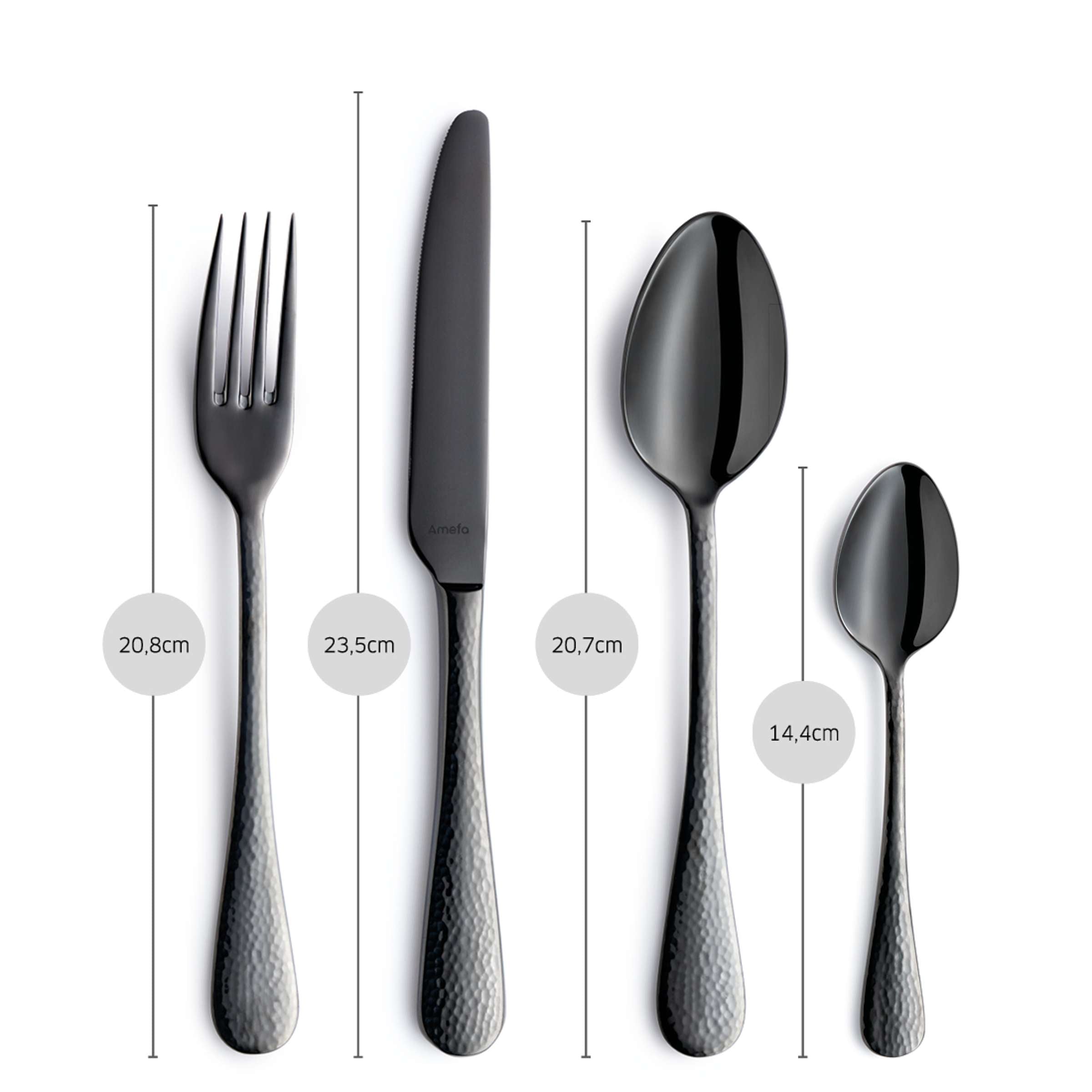 Schwarzes Amefa SIERRA Besteckset 24-teilig aus Edelstahl mit PVD-Beschichtung, Messer, Gabeln, Löffel auf weißem Hintergrund