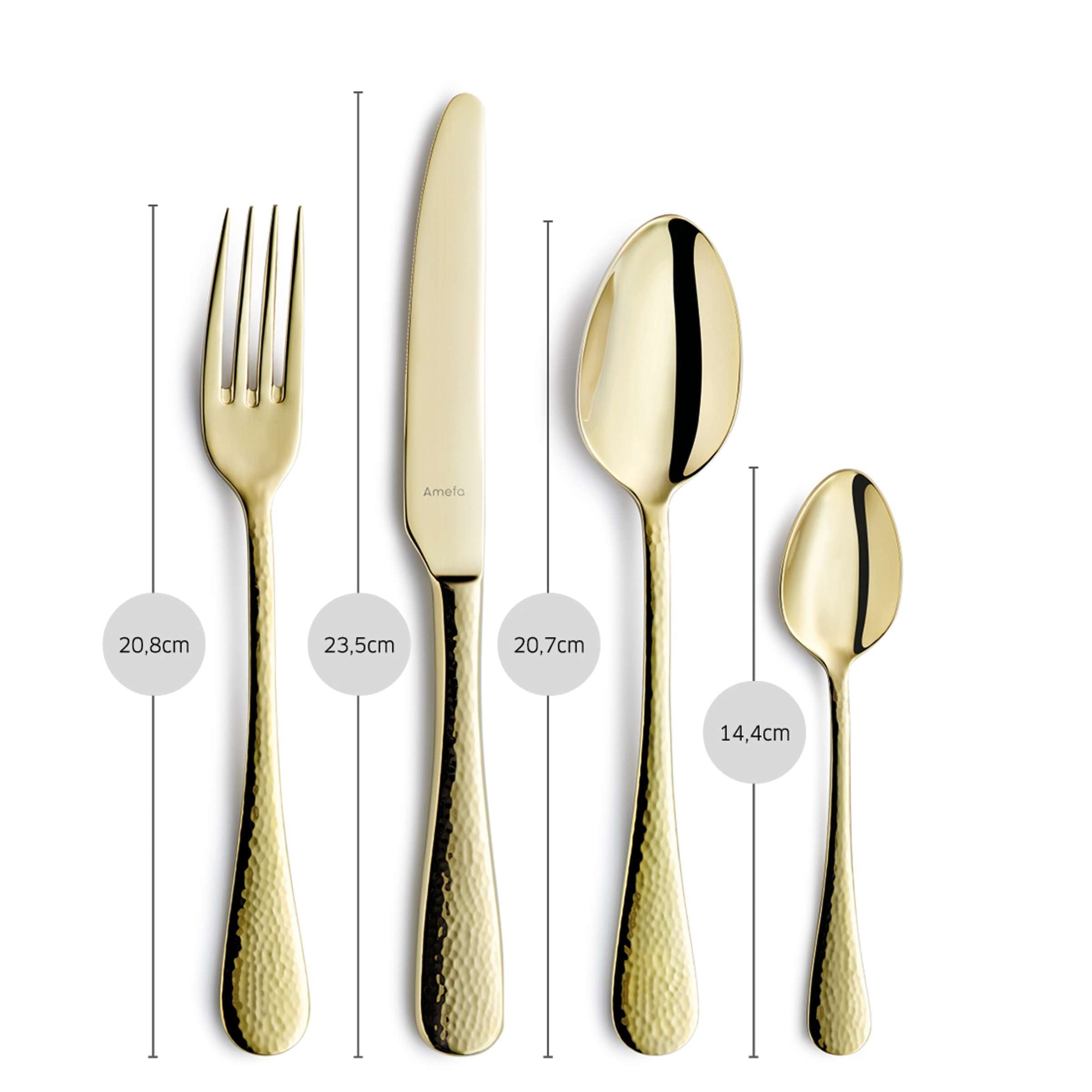 Amefa SIERRA Besteckset 24-teilig mit PVD champagner Finish, Messer, Gabeln, Löffel auf weißem Hintergrund