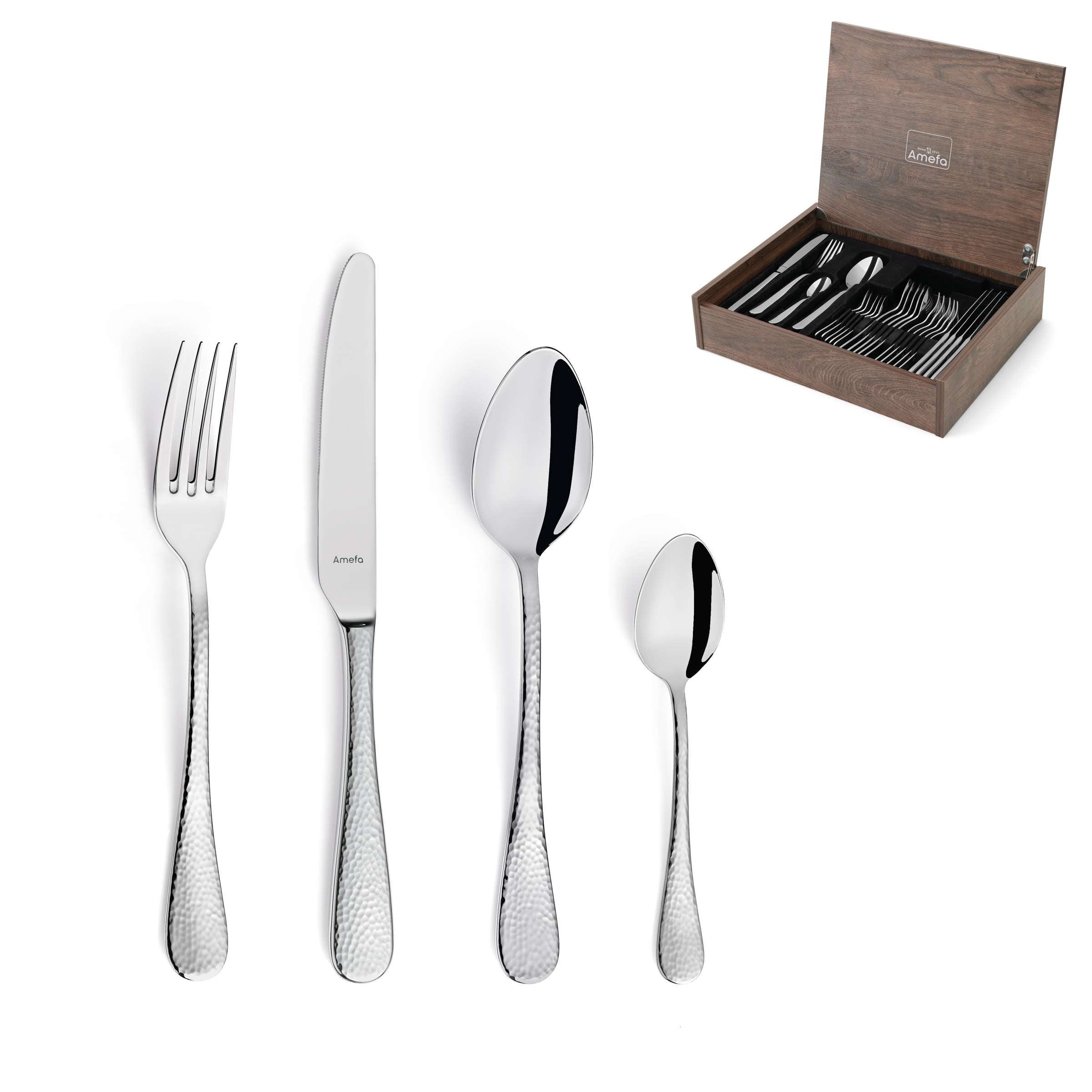 Amefa Sierra Besteckset 24-teilig mit Messer, Gabel, Löffel aus Edelstahl auf weißem Hintergrund.