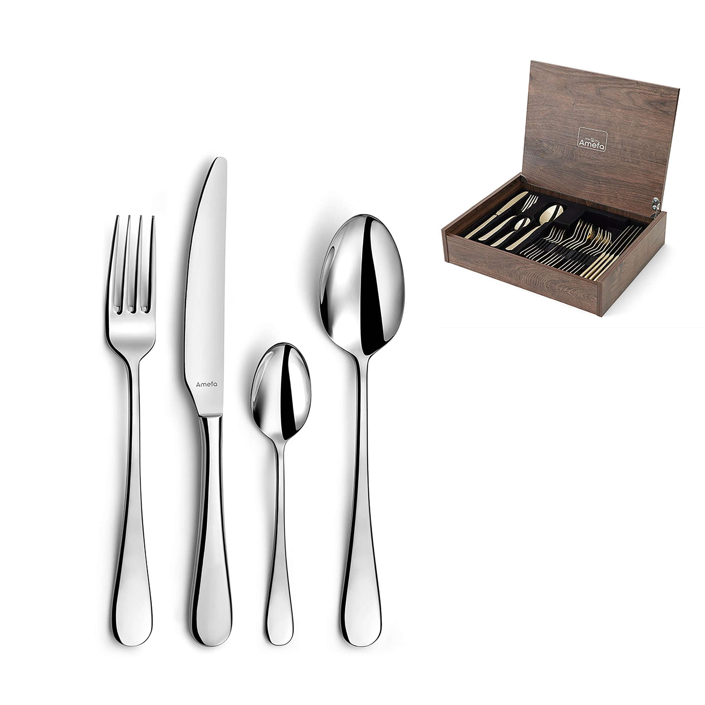 Amefa VENUS Besteckset, 24-teilig mit Messer, Gabel, Löffel aus Edelstahl, elegant und modern gestaltet.