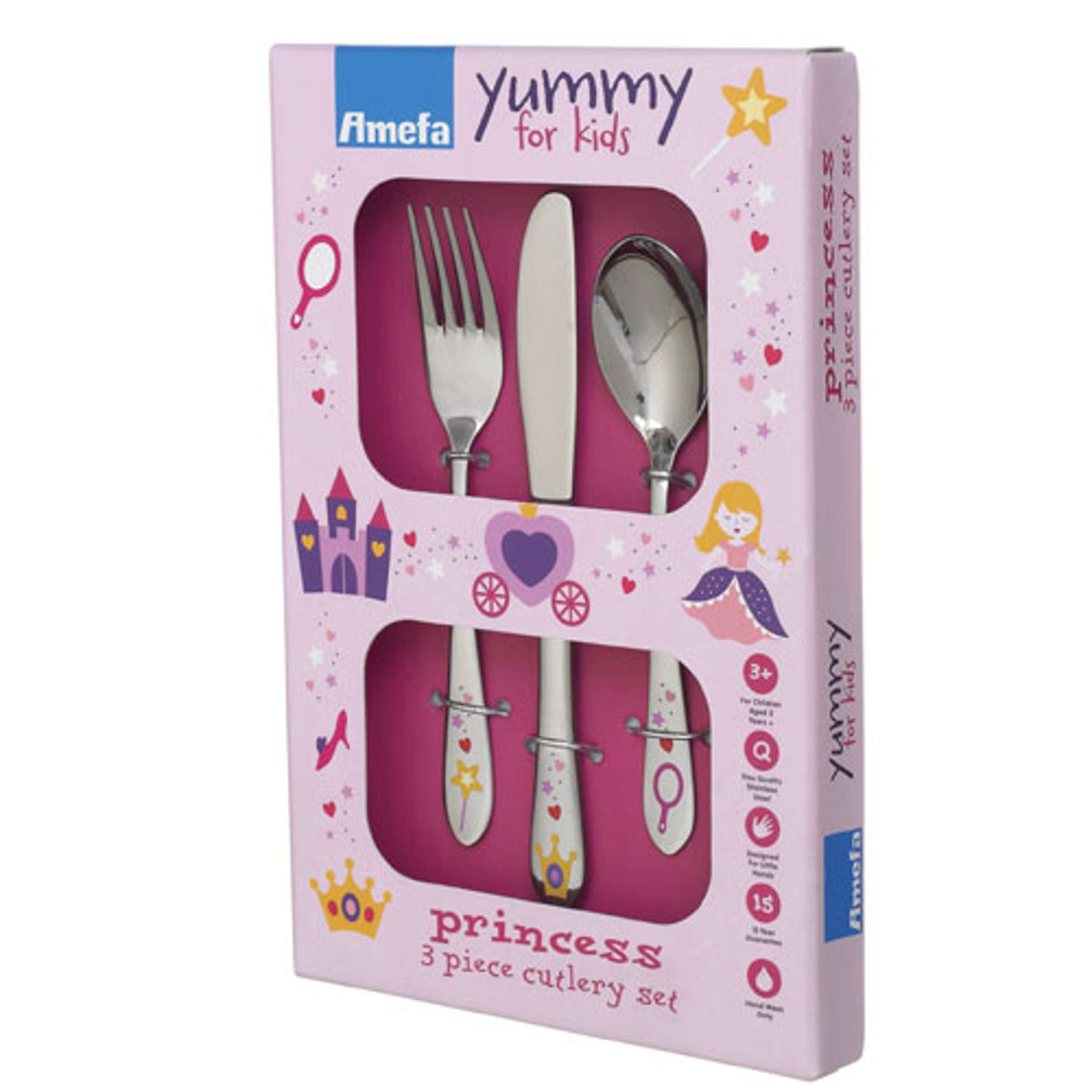 Kinderbesteck Set von Amefa, 3-teiliges Kinderservice mit kindgerechtem Design und bunten Besteckteilen für Kinder.